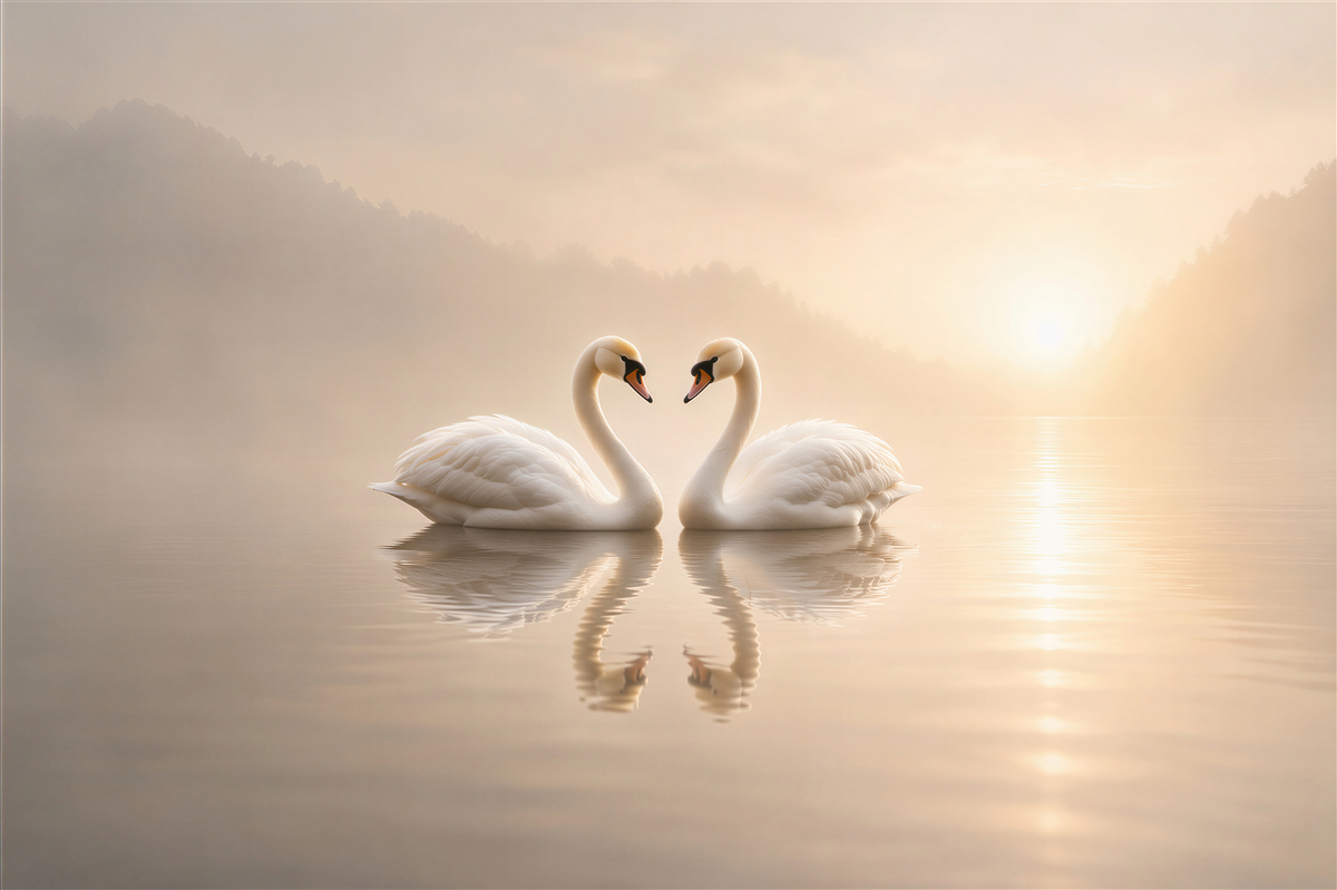 Papier peint deux cygnes au lever du soleil lac romantique