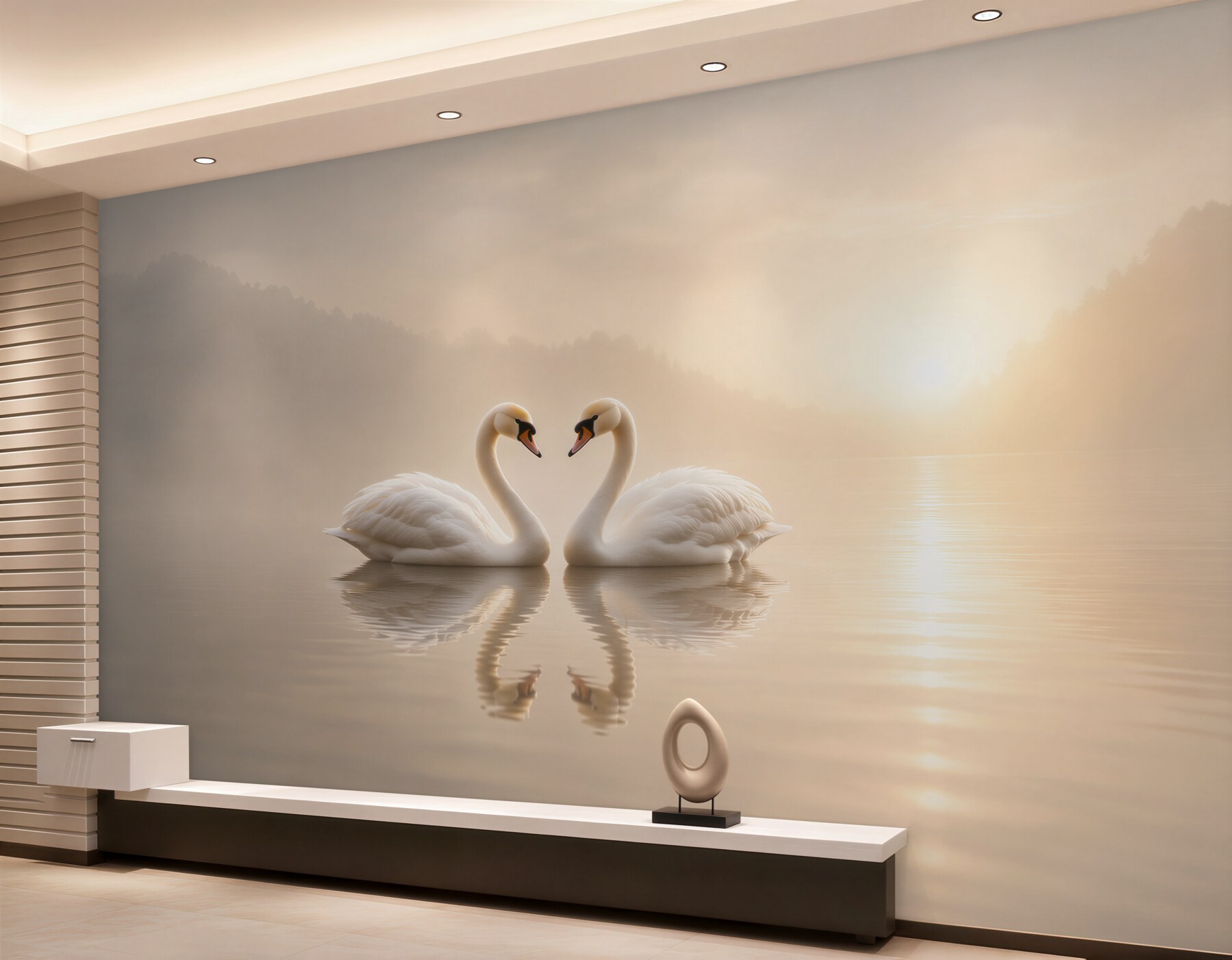 Papier peint deux cygnes au lever du soleil lac romantique