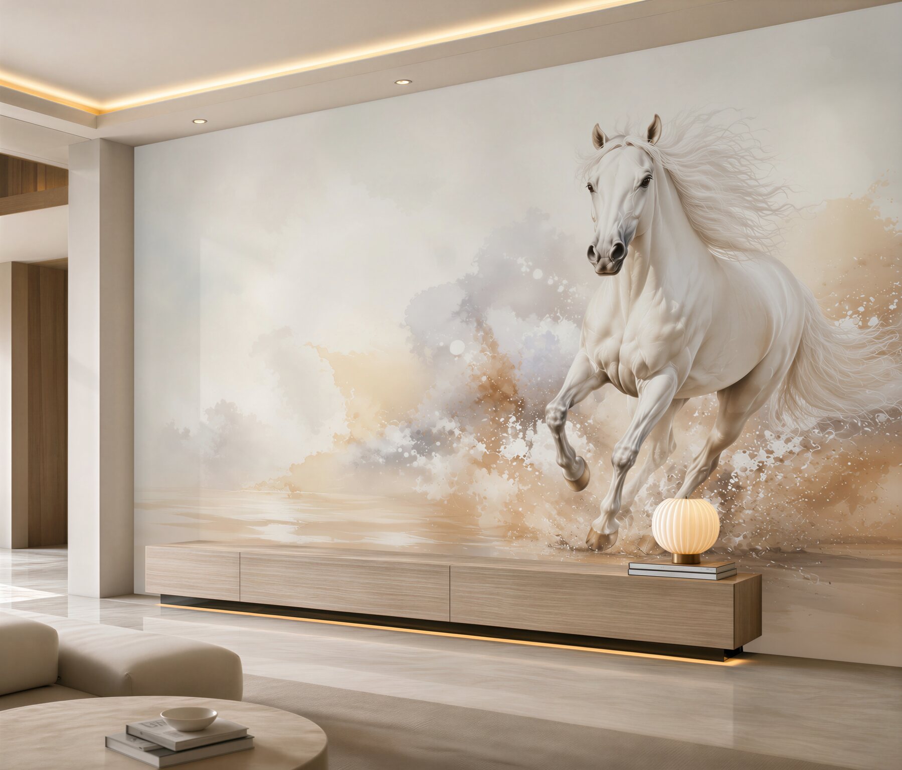 Papier peint cheval blanc au galop sur fond clair élégance dynamique
