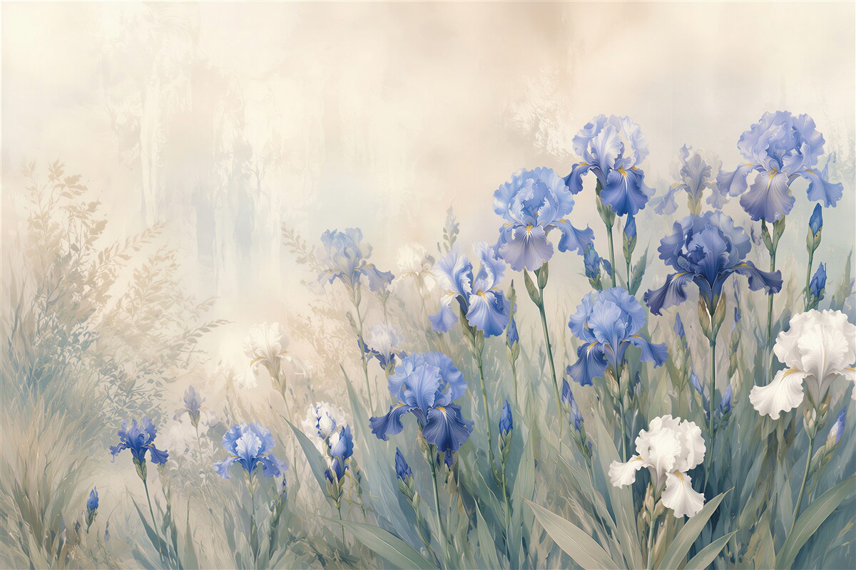 Papier peint iris bleus et blancs dans un prato pastello
