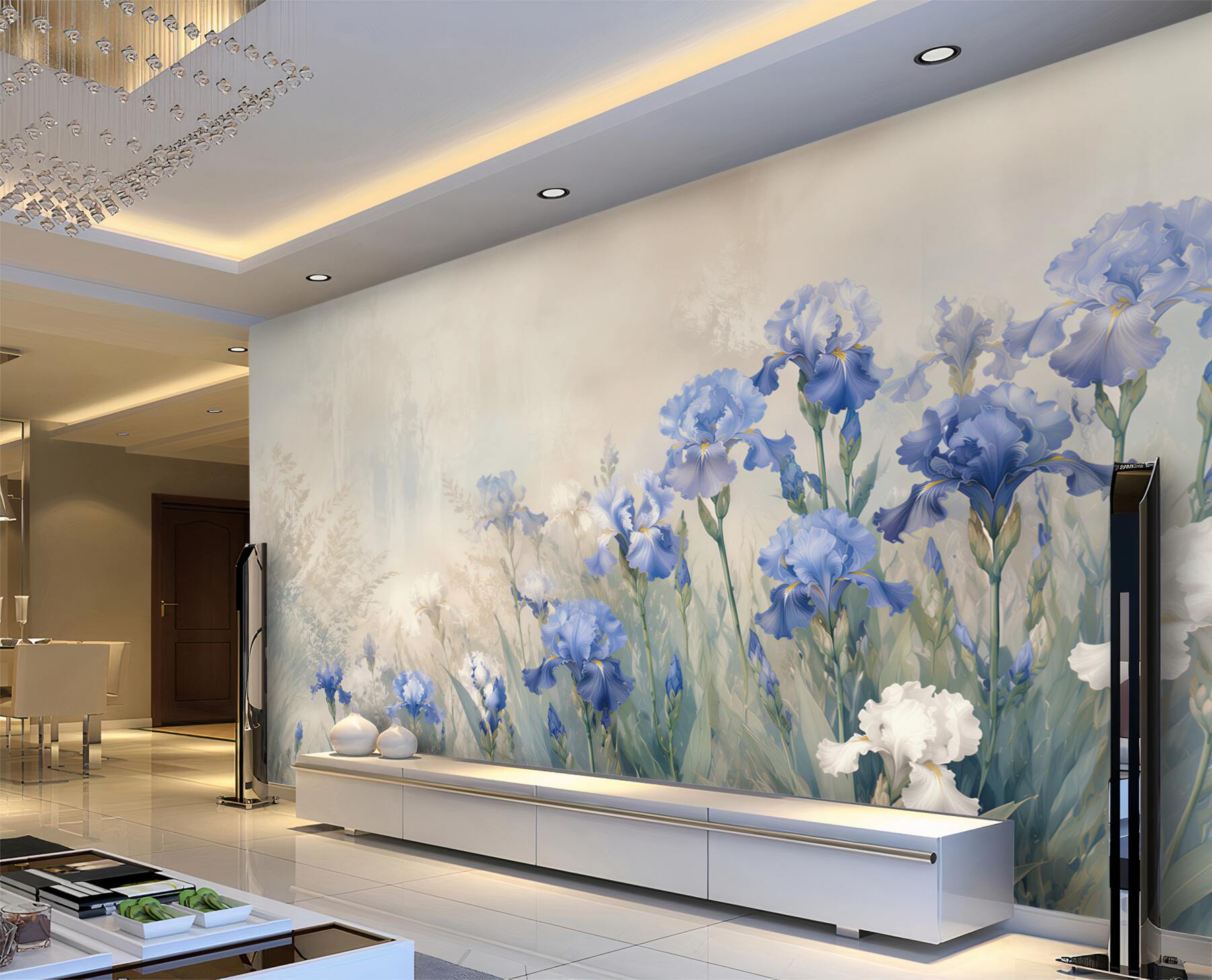 Papier peint iris bleus et blancs dans un prato pastello