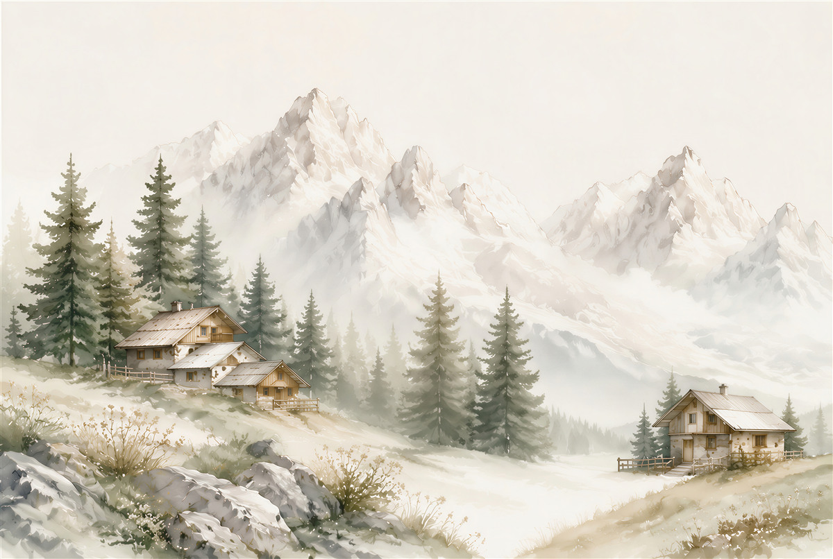 Papier peint chalets de montagne et épicéas dans un paysage alpin clair