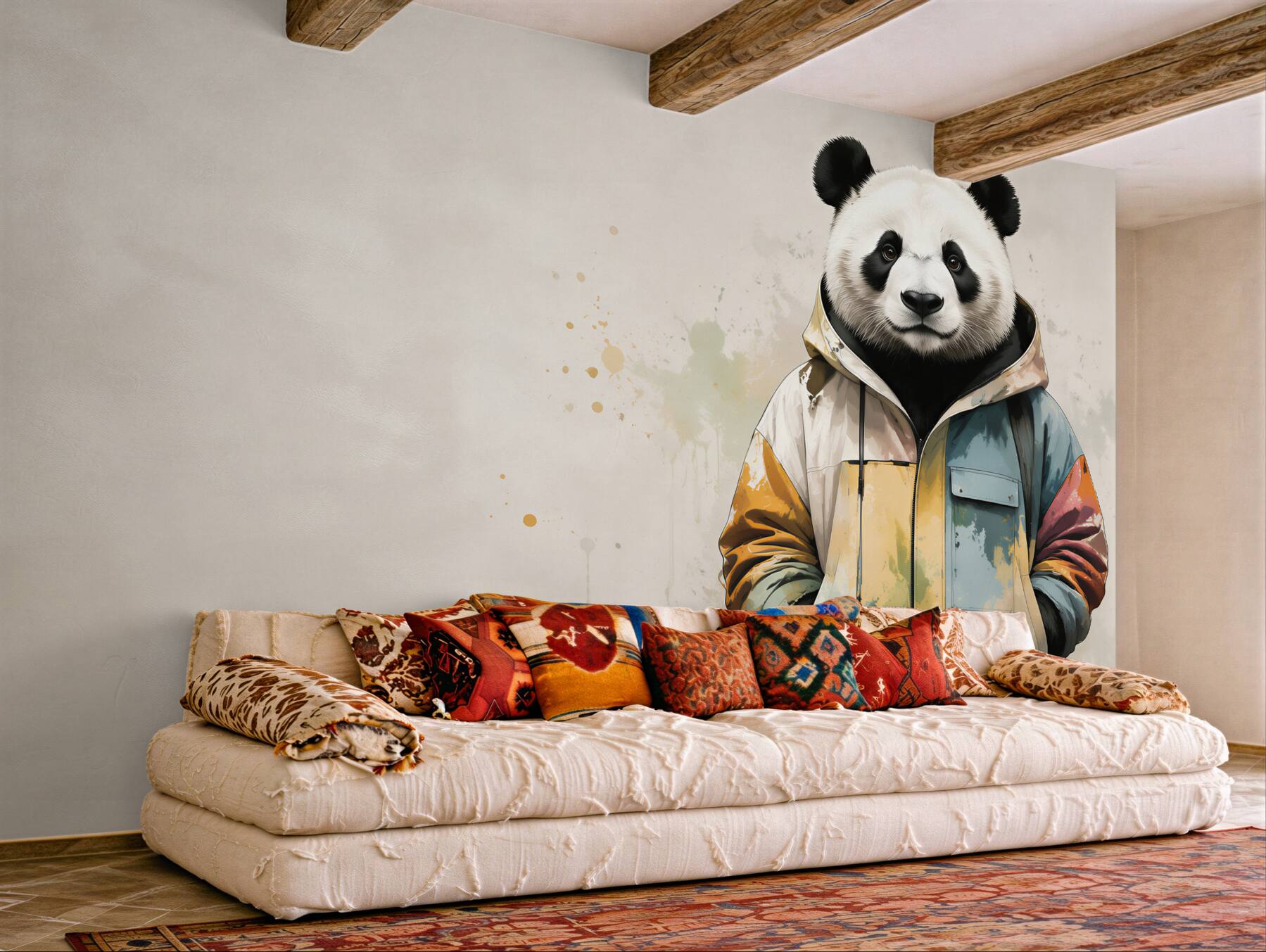 Papier peint panda en veste colorée décoration moderne pour la chambre