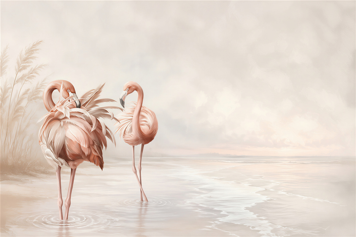 Papier peint flamants roses sur une plage paisible en beiges pastels
