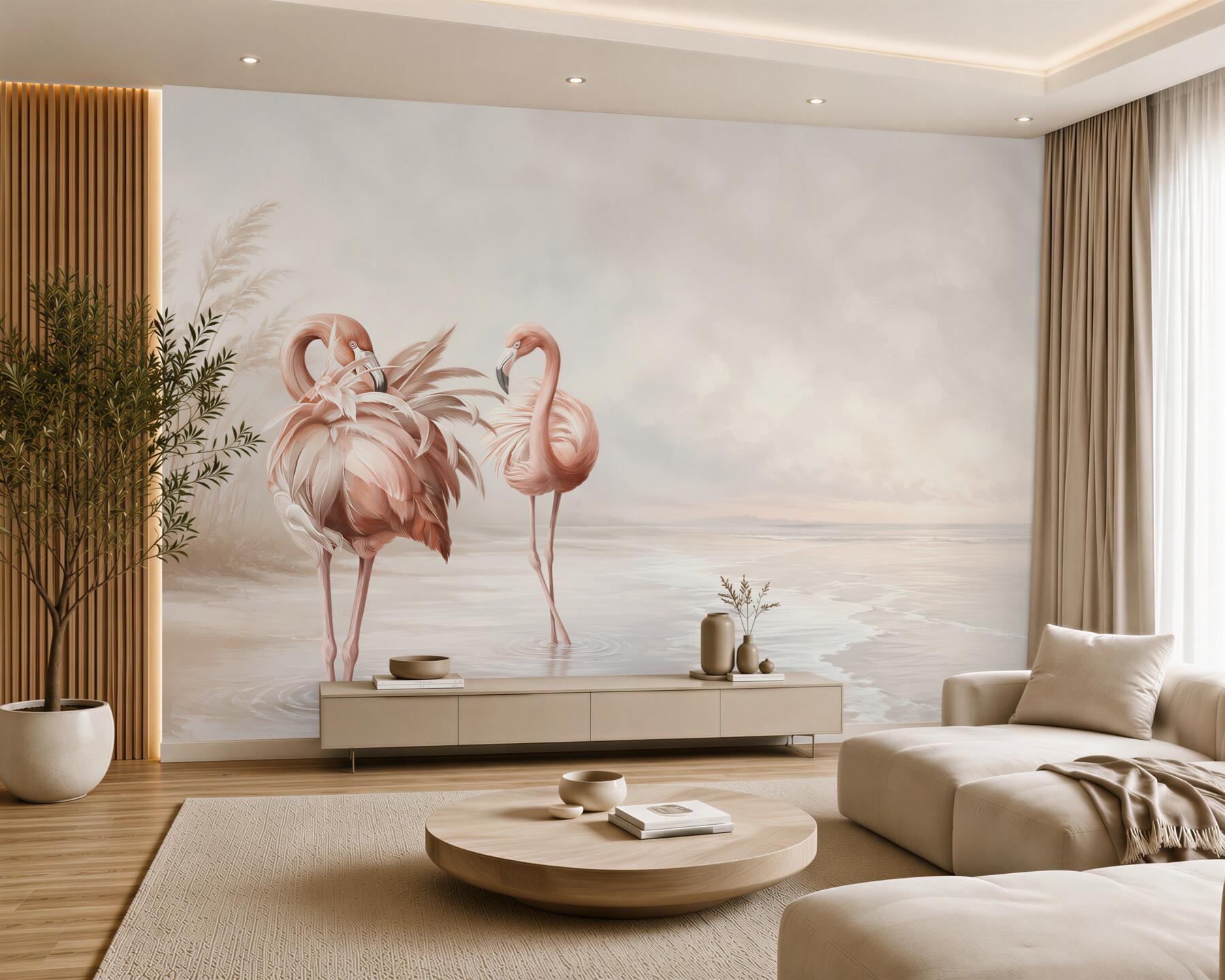 Papier peint flamants roses sur une plage paisible en beiges pastels