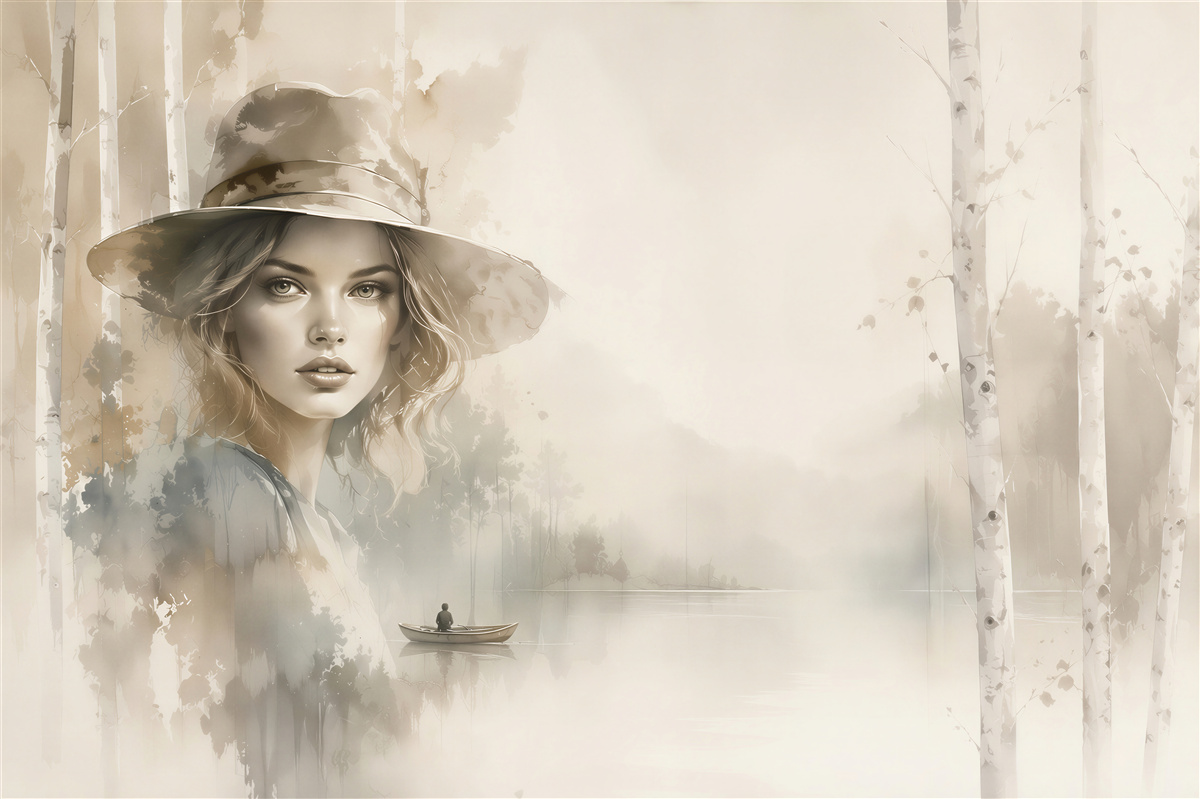 Papier peint femme avec chapeau au bord du lac parmi les bouleaux