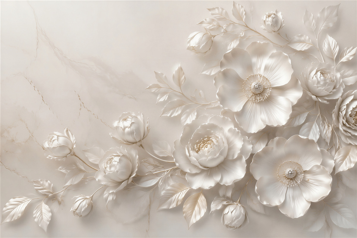 Papier peint fleurs blanches 3D sur marbre clair élégante pour la chambre