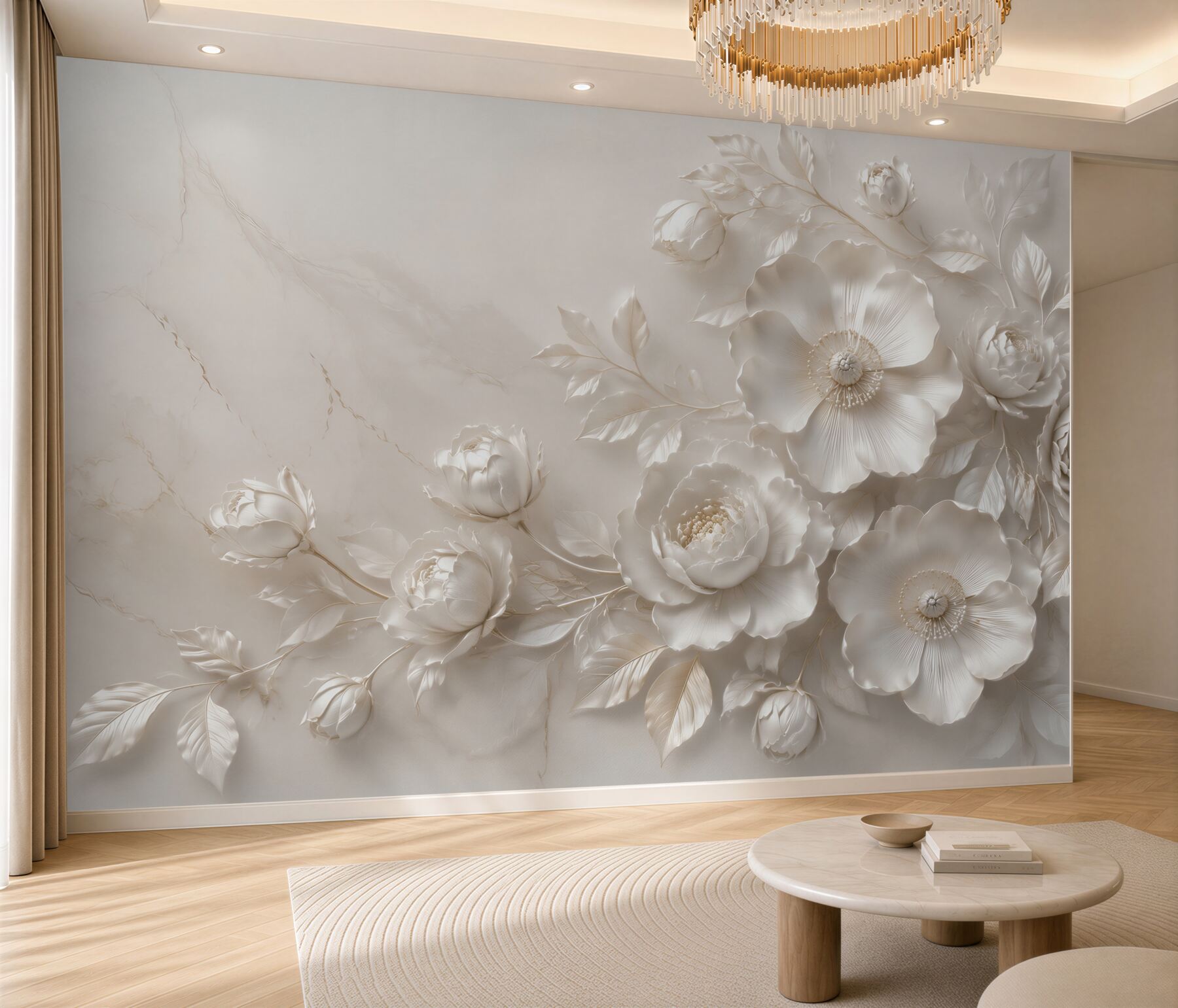 Papier peint fleurs blanches 3D sur marbre clair élégante pour la chambre