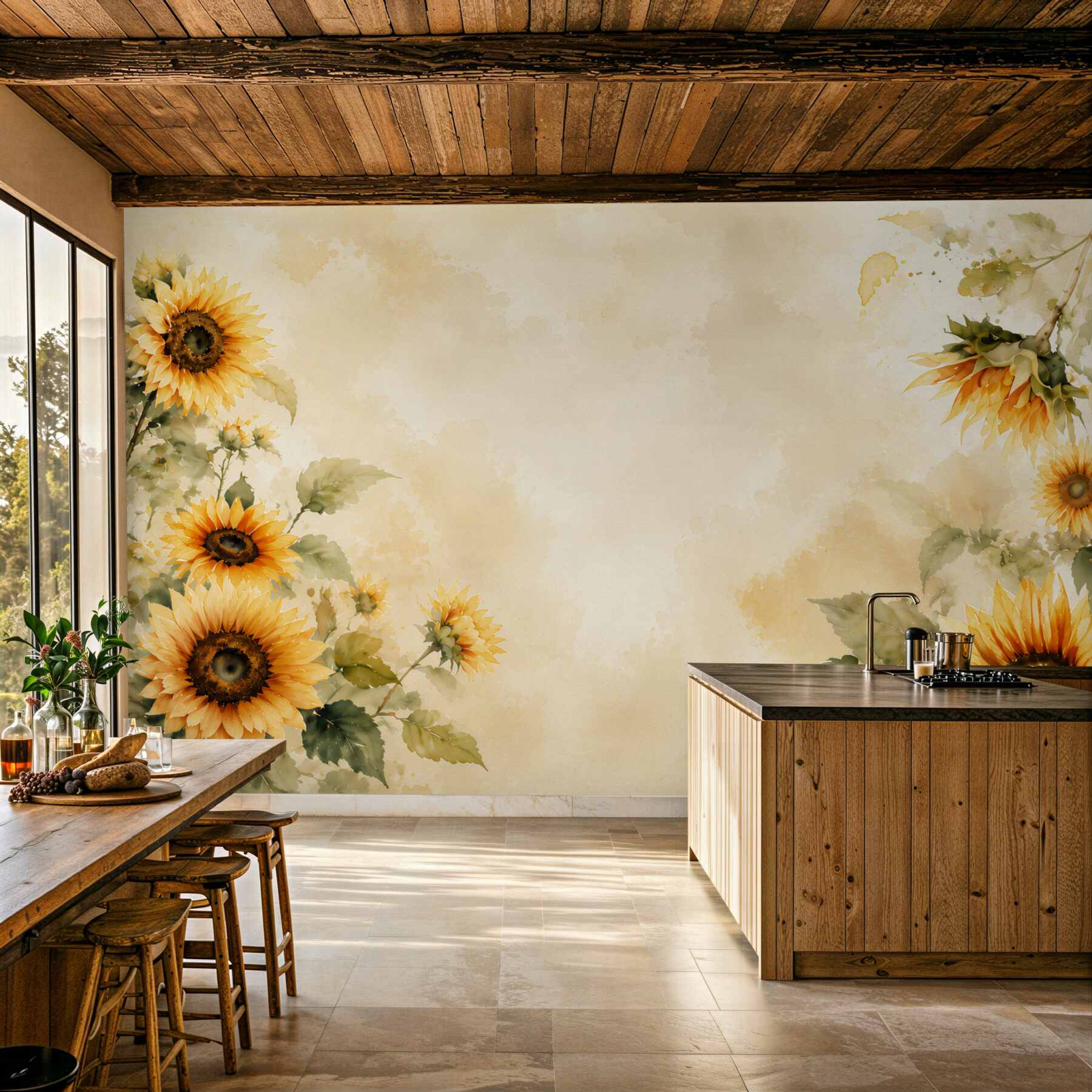 Papier peint tournesols jaunes sur fond clair rustique