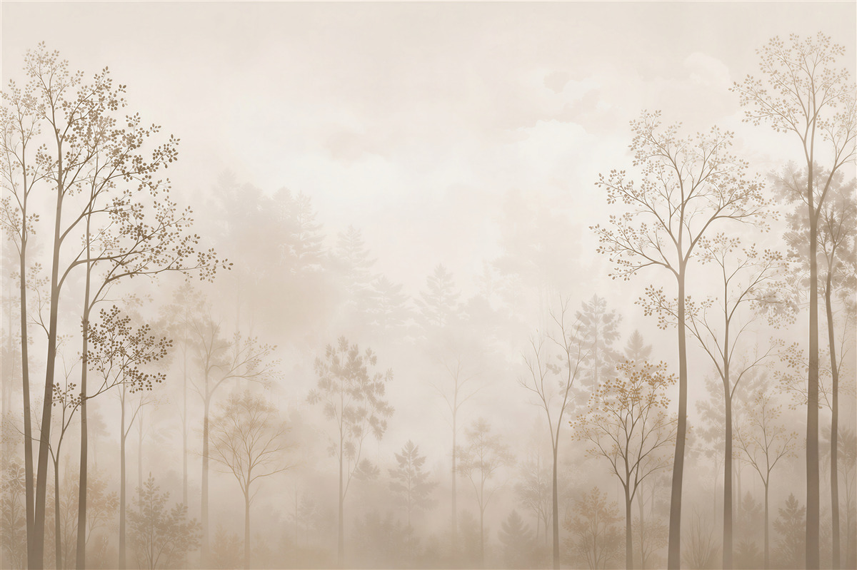 Papier peint forêt brumeuse dans des tons beiges nature paisible