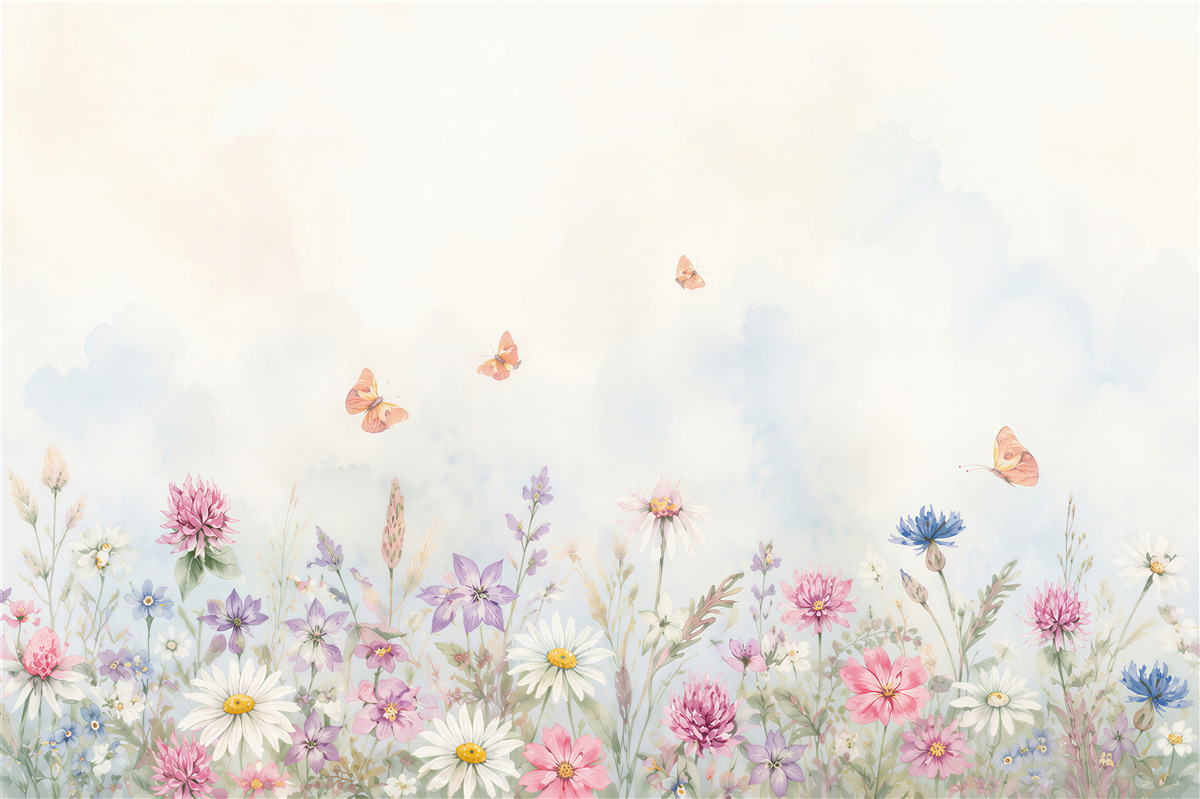 Papier peint prairie fleurie pastel avec des papillons et des marguerites