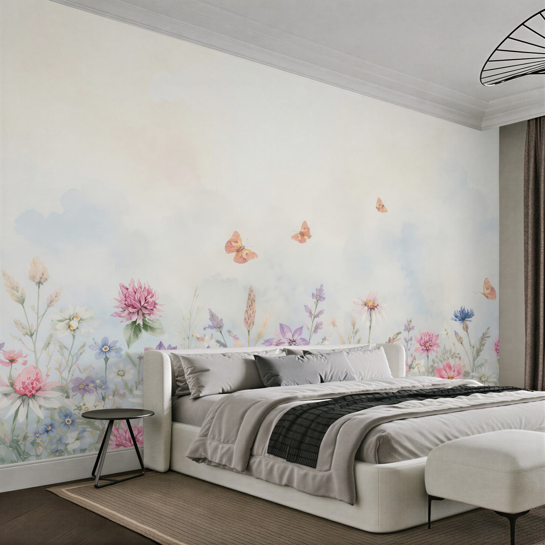 Papier peint prairie fleurie pastel avec des papillons et des marguerites