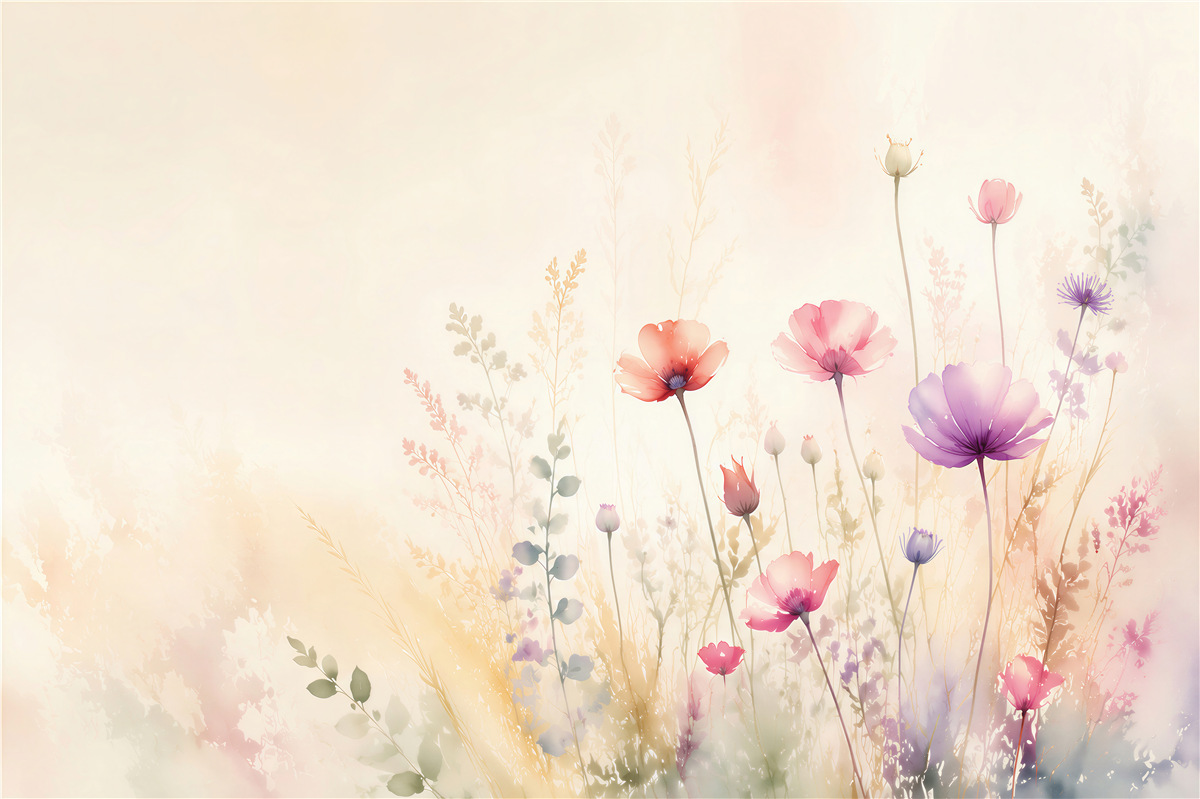 Papier peint fleurs des champs pastel prairie romantique délicate