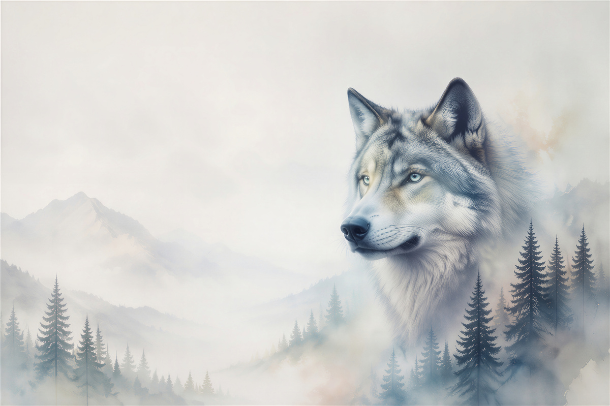 Papier peint loup dans la brume de montagne avec une forêt dans des gris froids
