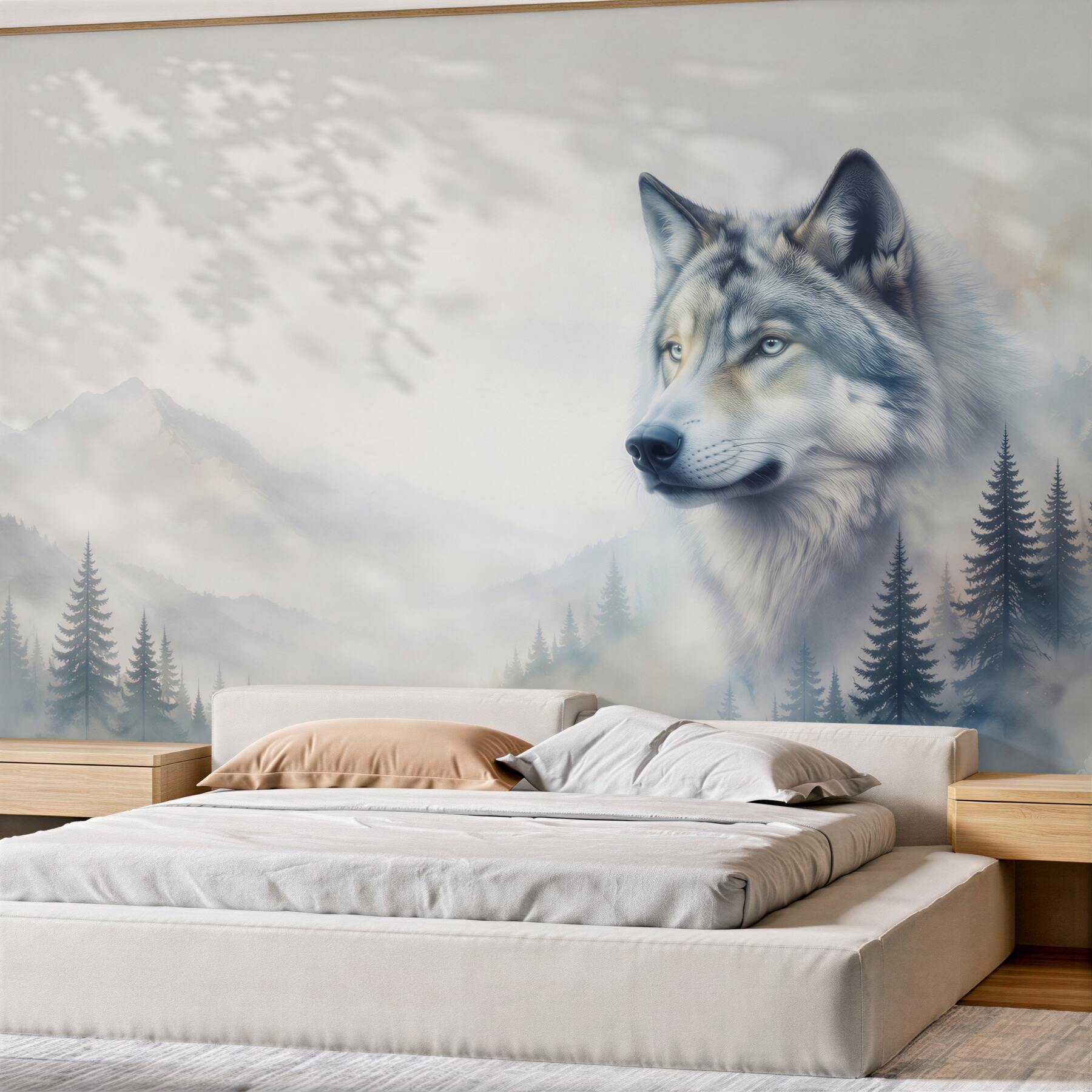 Papier peint loup dans la brume de montagne avec une forêt dans des gris froids