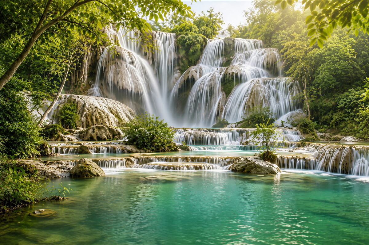 Papier peint cascade dans la jungle verte avec lagune turquoise