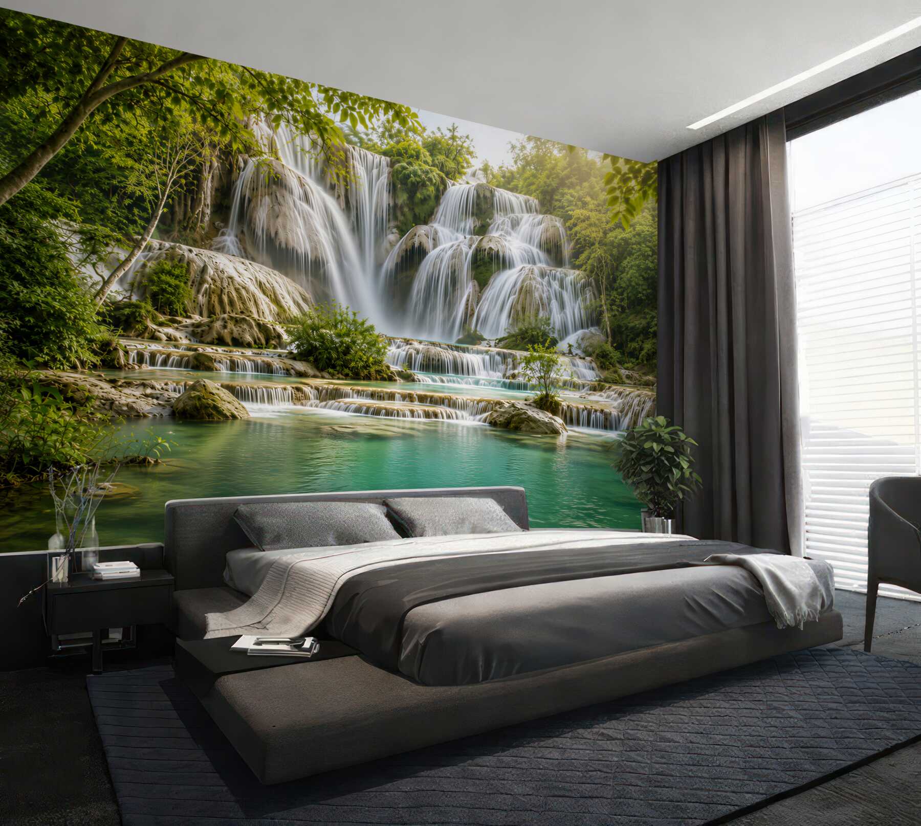 Papier peint cascade dans la jungle verte avec lagune turquoise