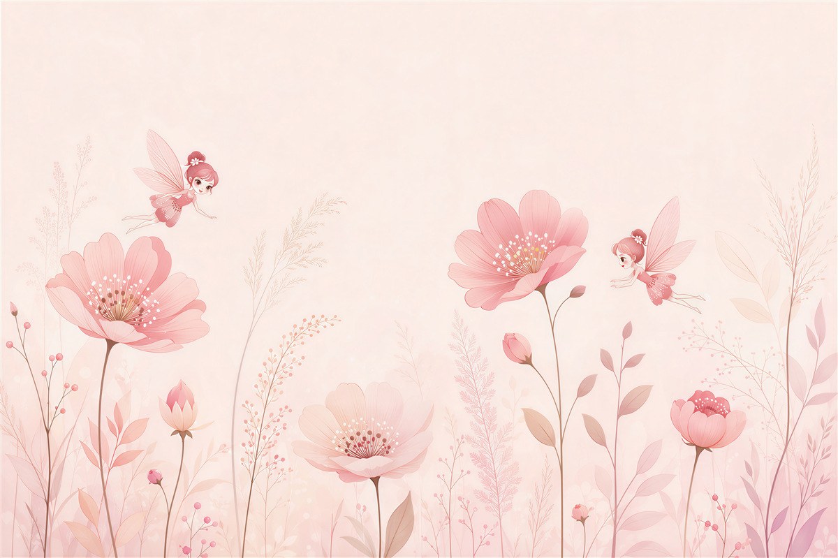 Papier peint fleurs roses avec fées pastel pour la chambre d'enfant