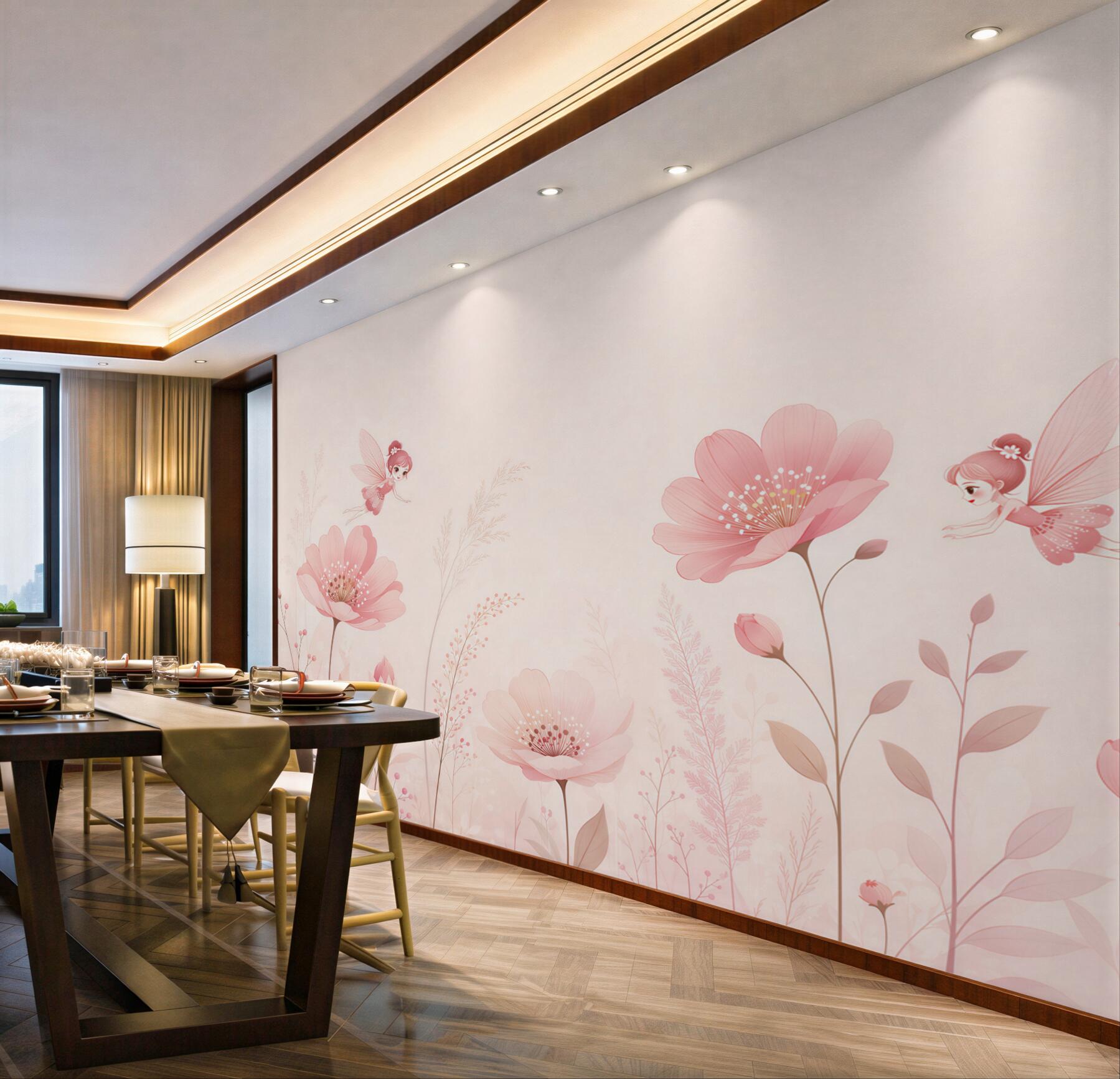 Papier peint fleurs roses avec fées pastel pour la chambre d'enfant