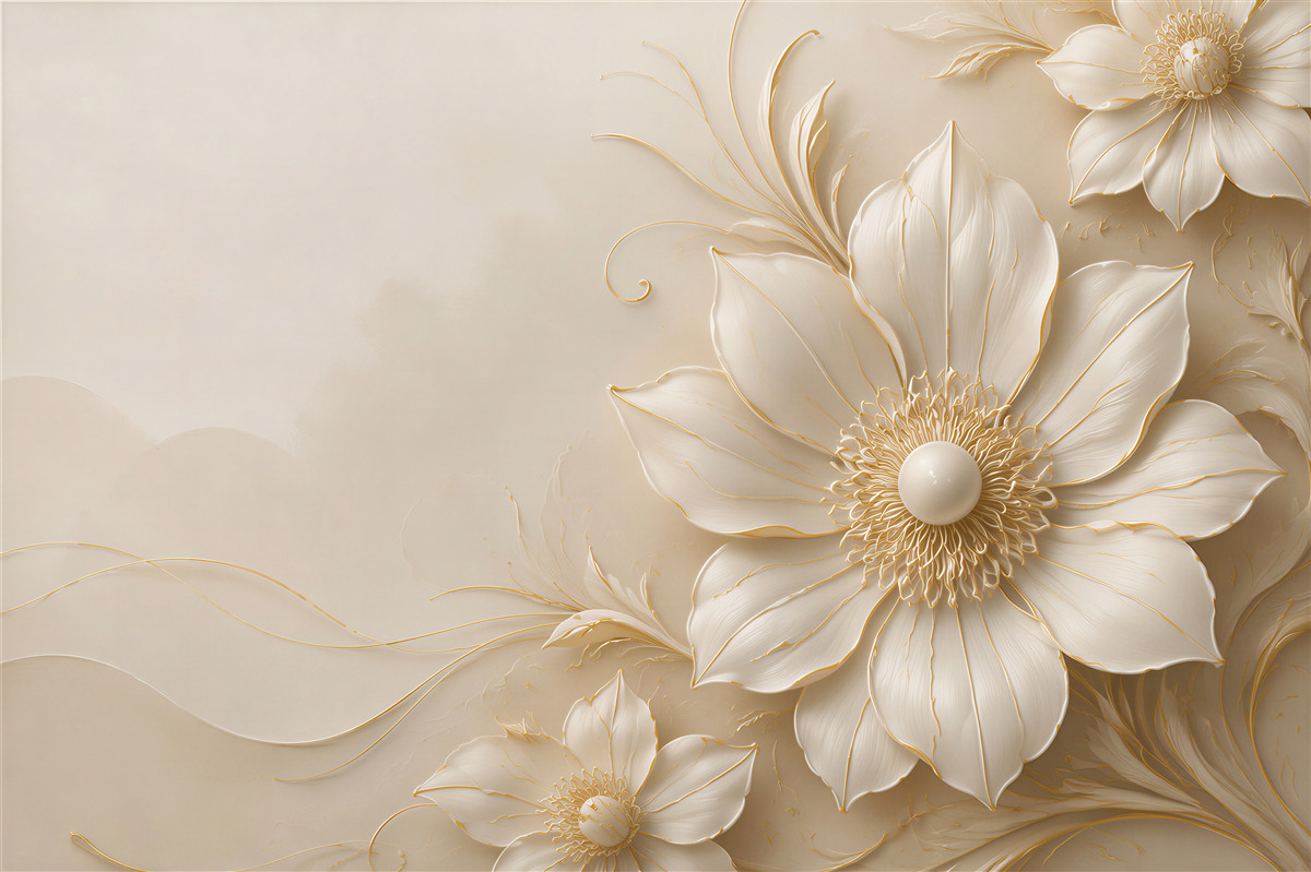 Papier peint fleurs créme 3D avec lignes dorées élégantes