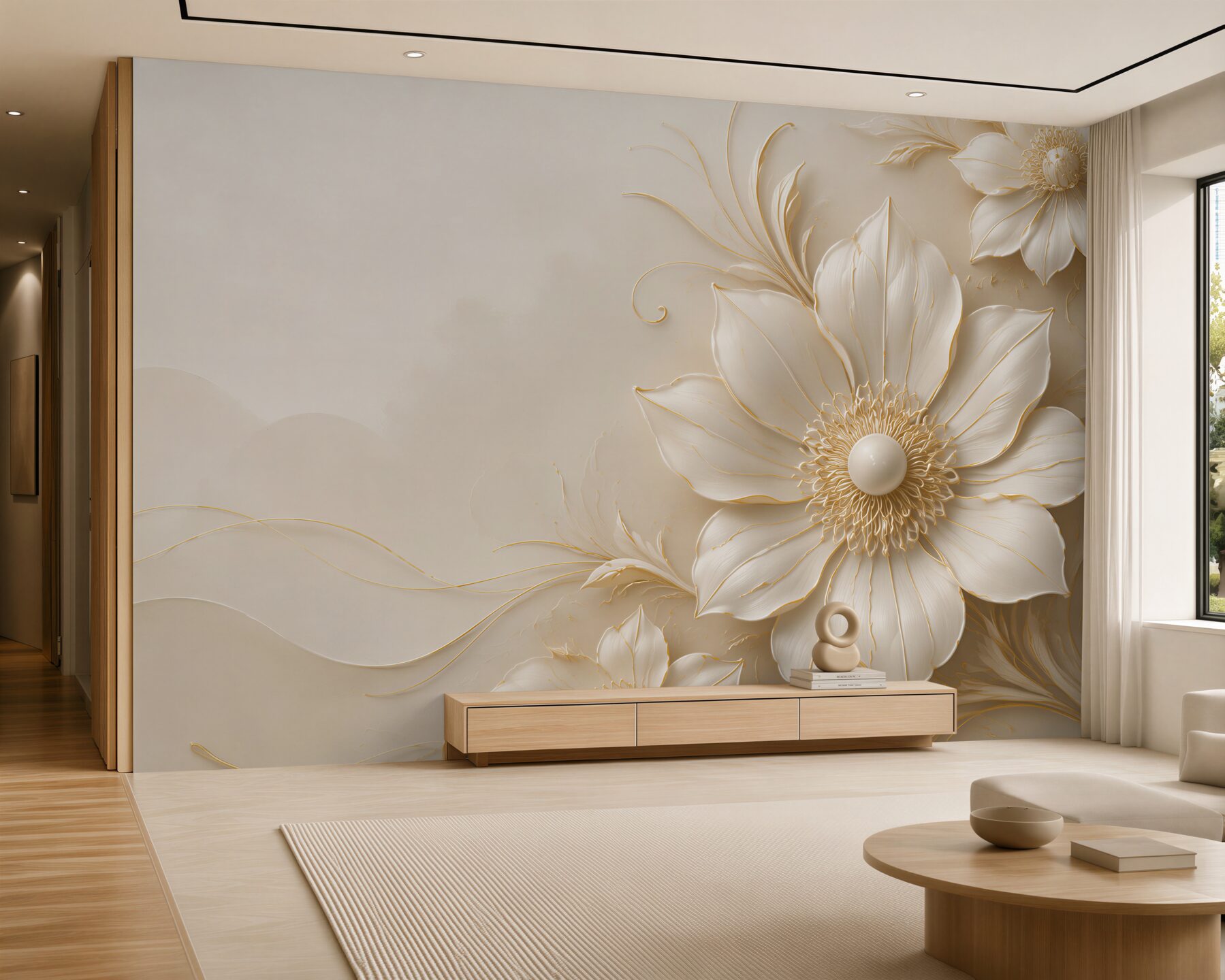 Papier peint fleurs créme 3D avec lignes dorées élégantes