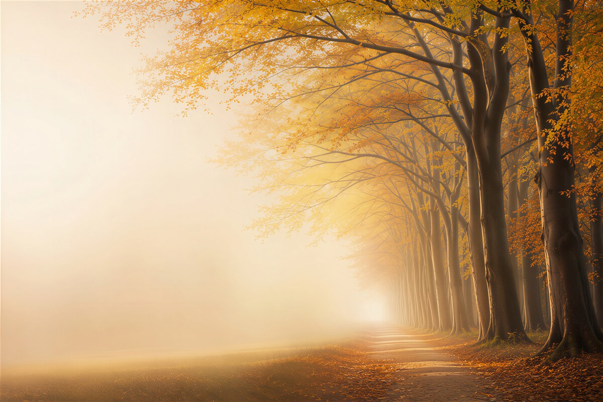 Papier peint allée d'arbres d'automne dans le brouillard paysage forestier doré