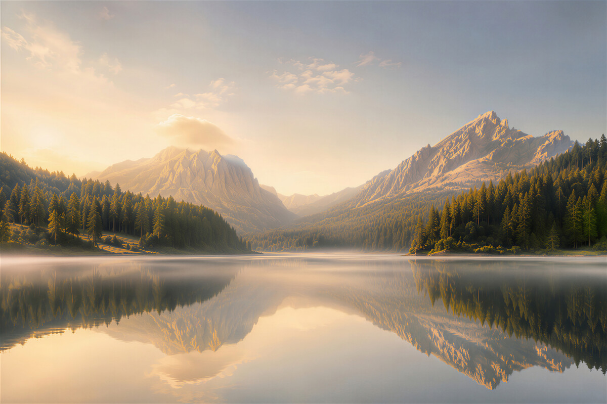 Papier peint montagnes au bord du lac au lever du soleil paysage paisible