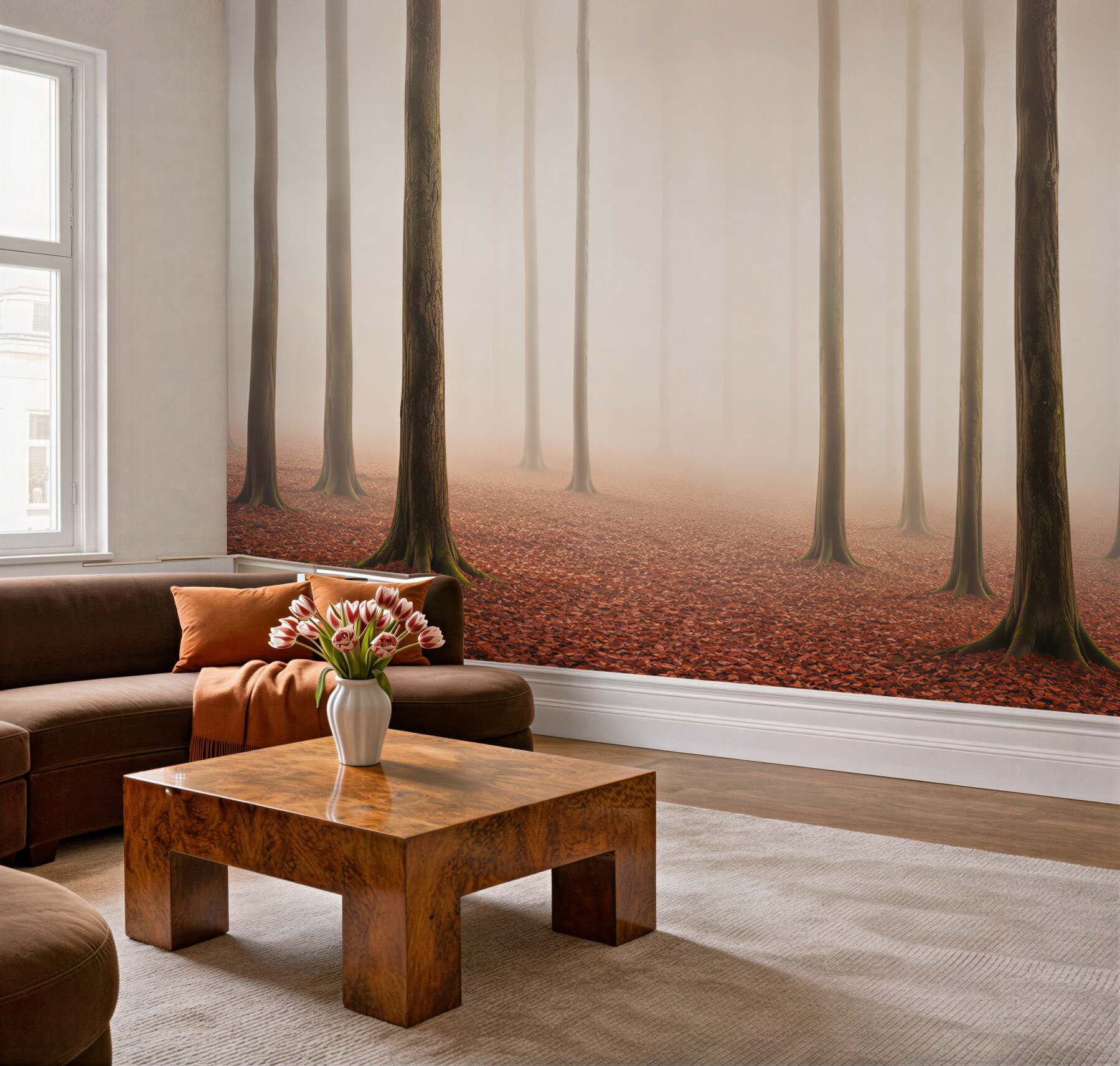 Papier peint forêt dans le brouillard avec des feuilles rousses paysage naturel paisible