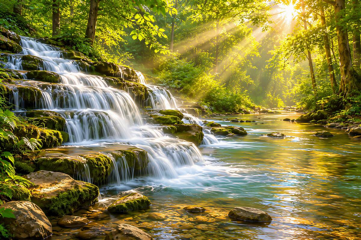Papier peint cascade forestière sous les rayons du soleil paysage vert