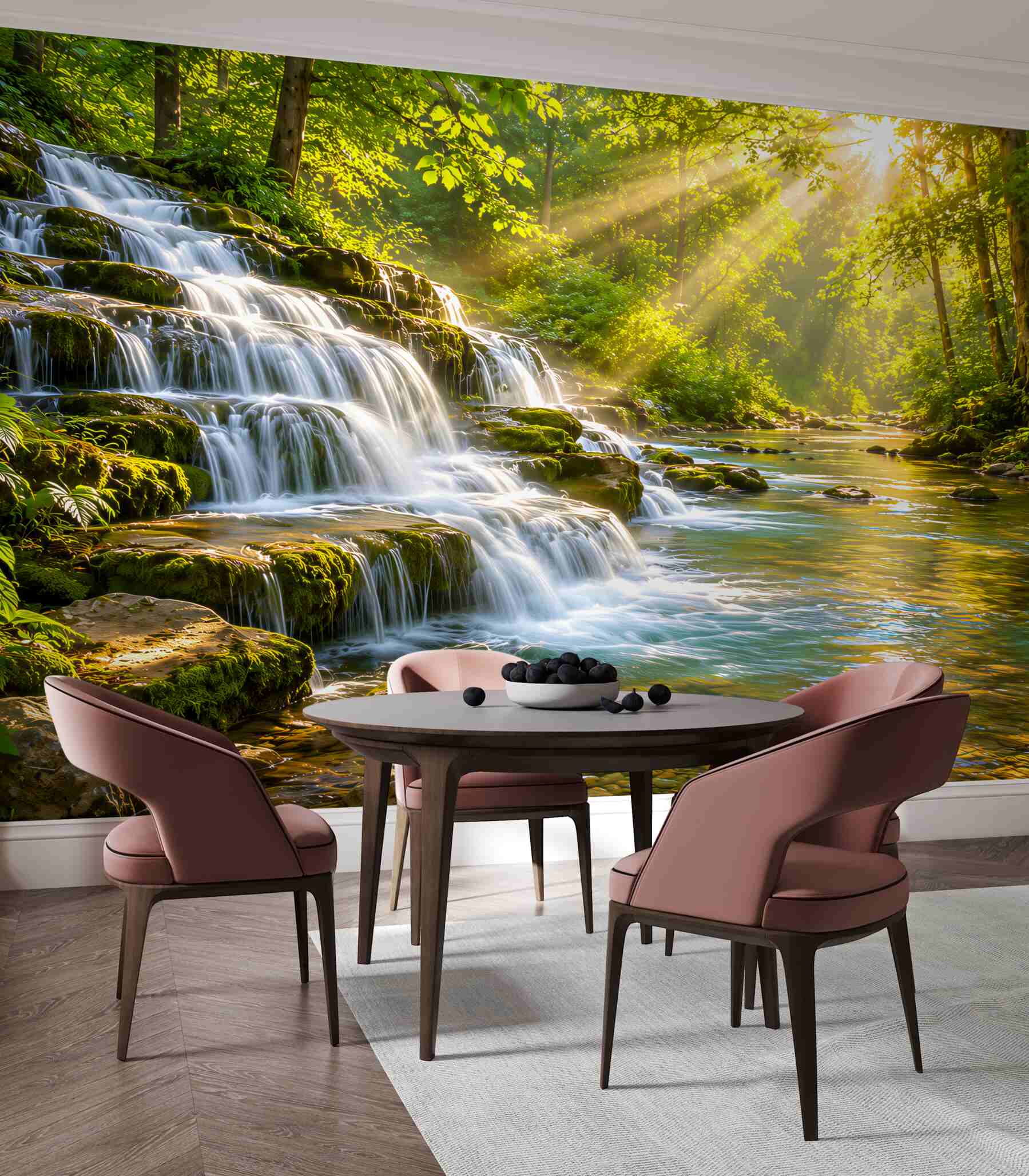 Papier peint cascade forestière sous les rayons du soleil paysage vert