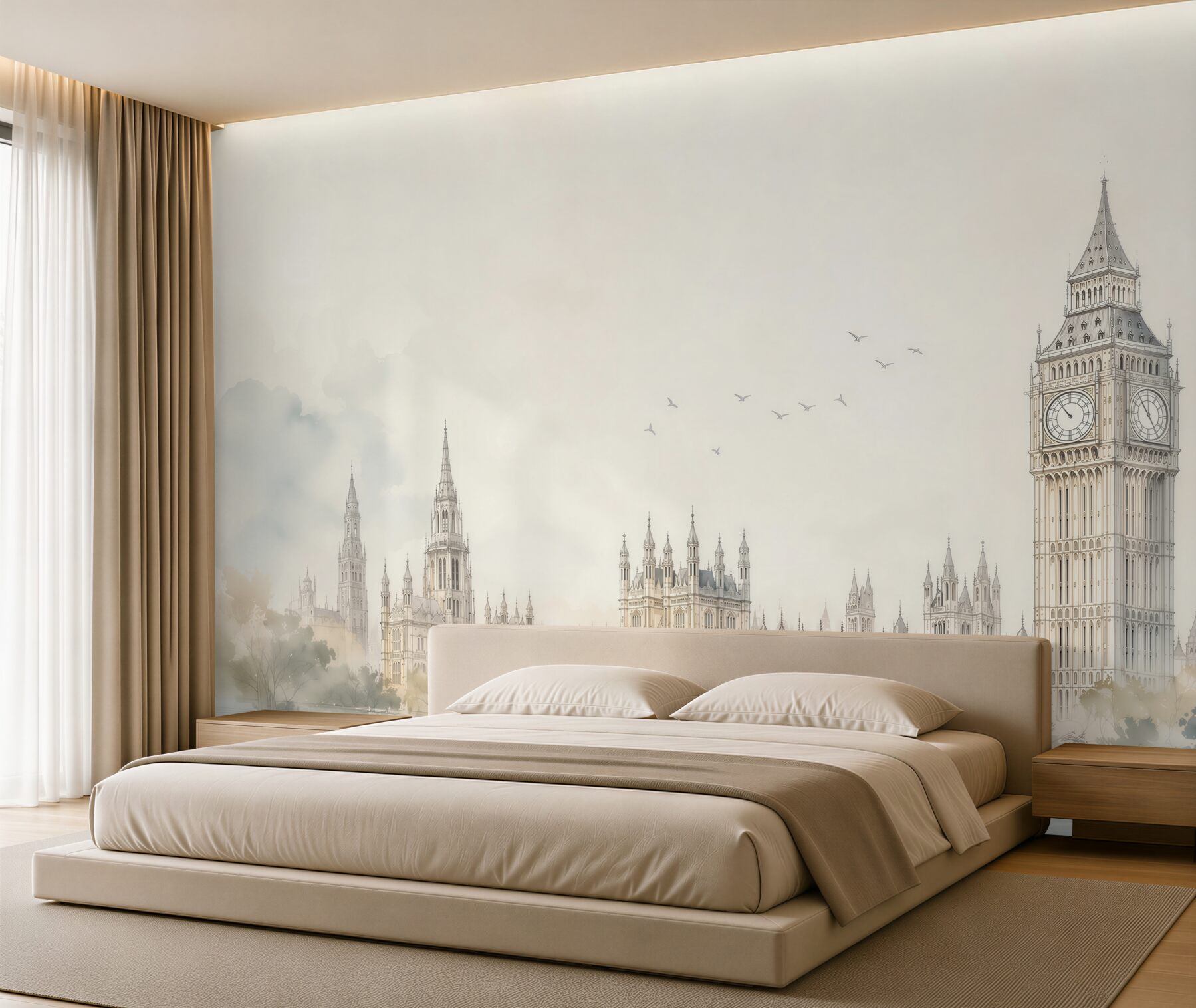 Papier peint palais londonien avec tour de l'horloge dans une légère brume esquisse