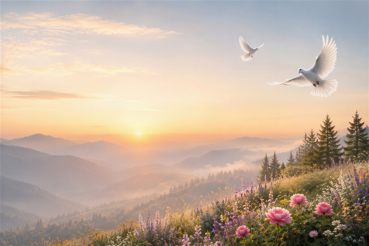 Papier peint lever du soleil montagnard avec colombes et fleurs dans des couleurs pastel