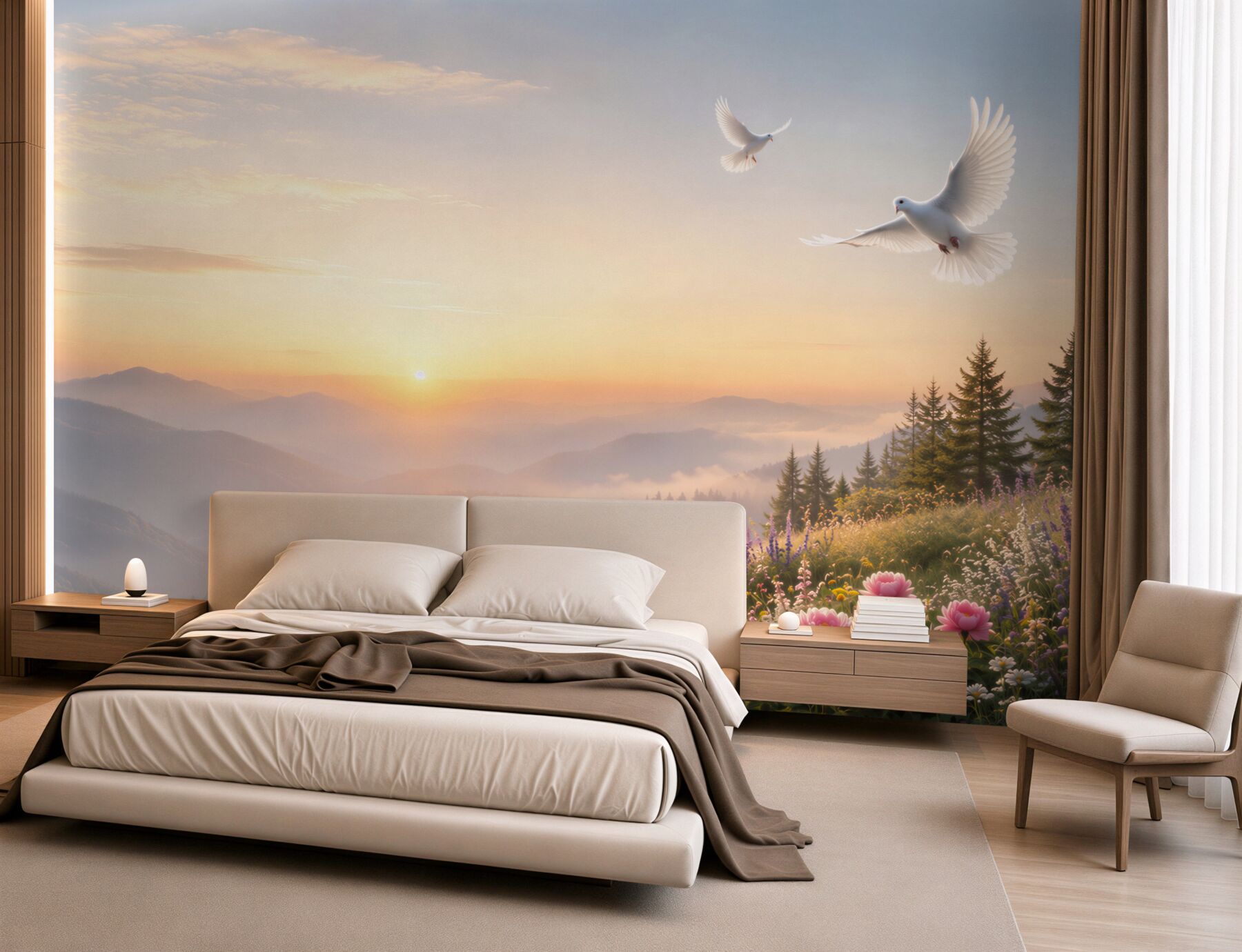 Papier peint lever du soleil montagnard avec colombes et fleurs dans des couleurs pastel