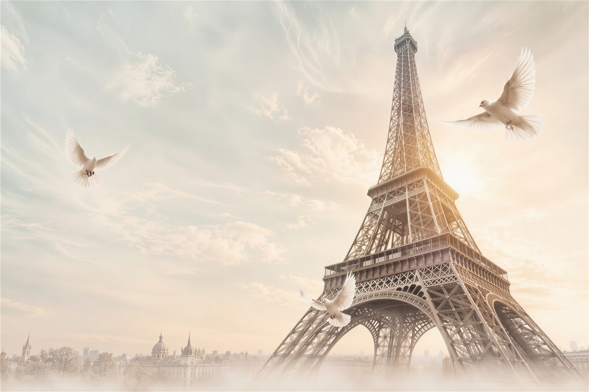 Papier peint Tour Eiffel avec des colombes blanches dans une version romantique claire