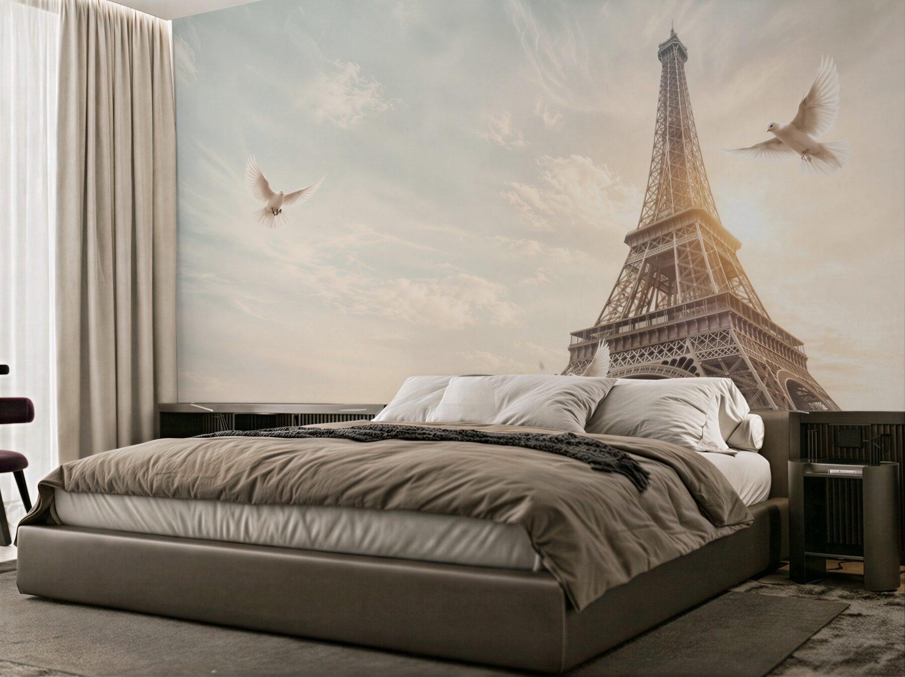 Papier peint Tour Eiffel avec des colombes blanches dans une version romantique claire