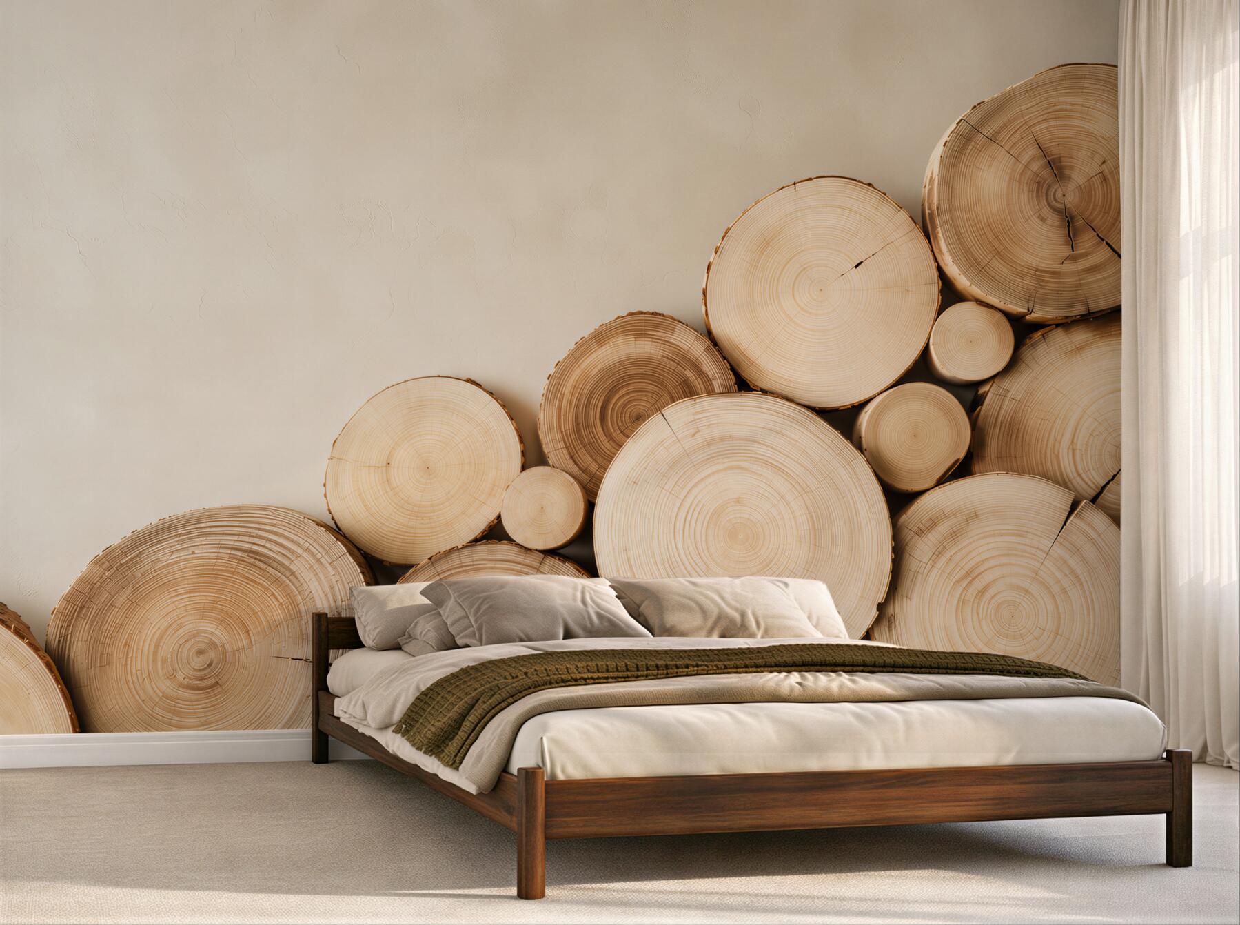 Papier peint anneaux de bois beige naturel dans un style scandinave