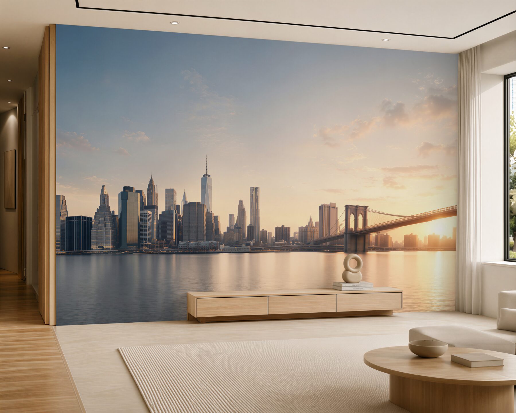 Papier peint panorama de New York avec un pont au lever du soleil