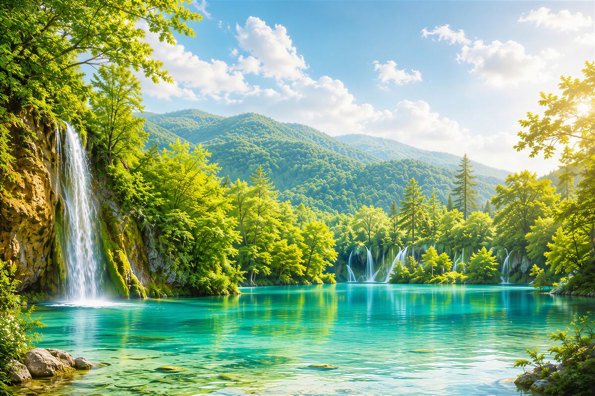 Papier peint lac turquoise avec cascade et montagnes paysage ensoleillé