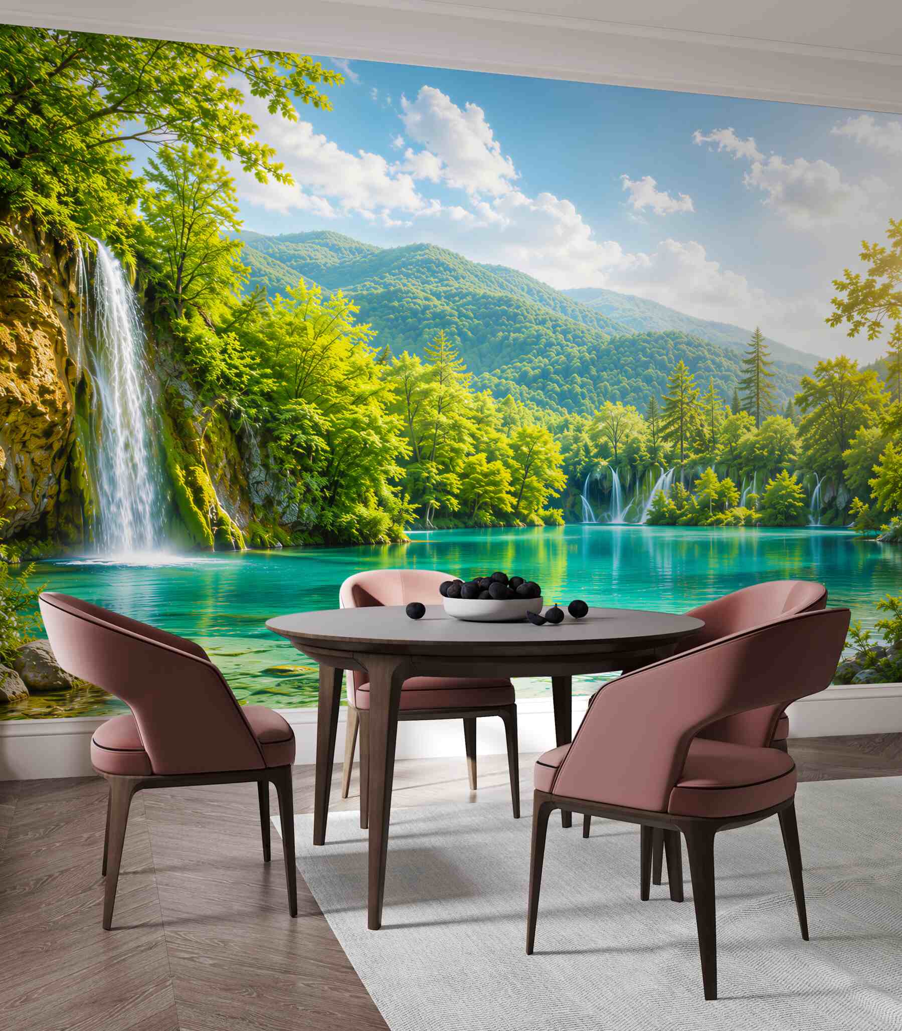 Papier peint lac turquoise avec cascade et montagnes paysage ensoleillé