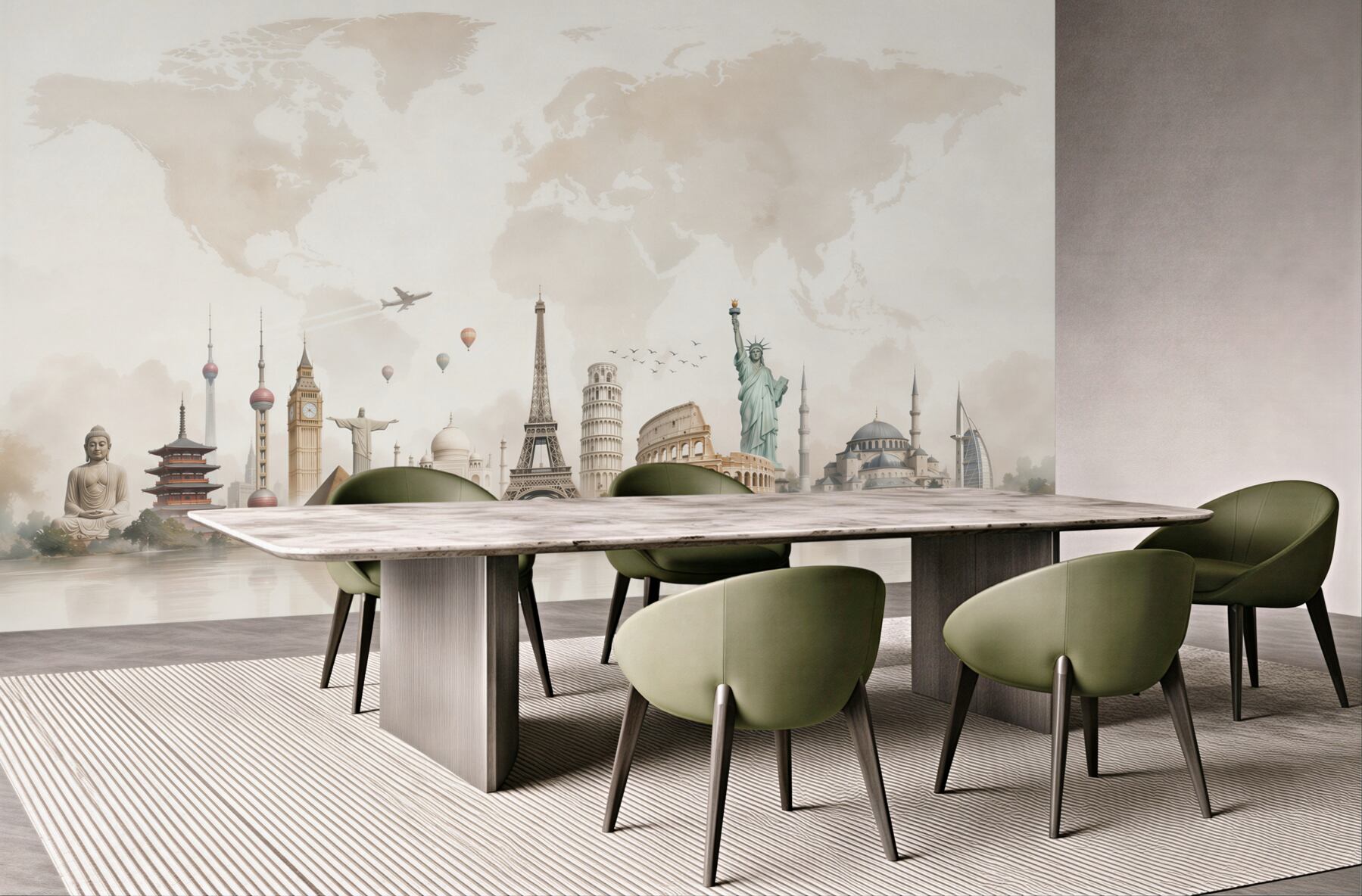 Papier peint carte du monde avec monuments en beiges clairs pour les voyageurs