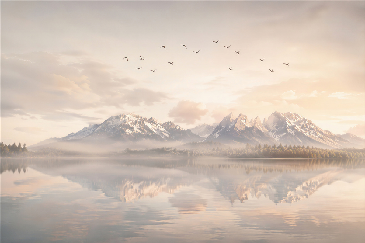 Papier peint montagnes au-dessus d'un lac dans le brouillard à l'aube