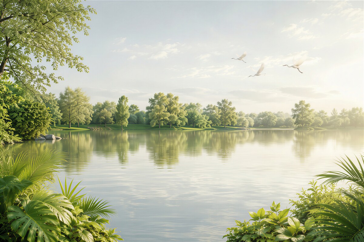 Papier peint lac paisible entouré de verdure avec des oiseaux au matin