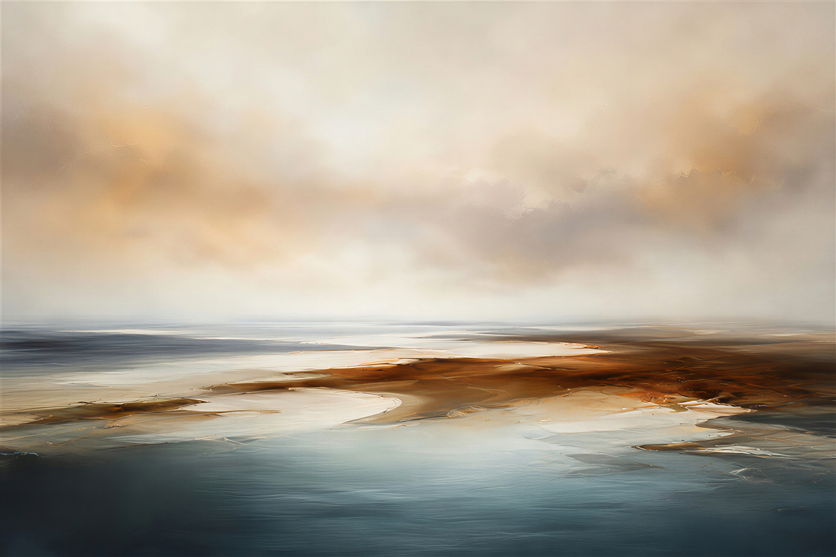 Papier peint paysage abstrait au-dessus de l'eau dans des tons beige et bleu