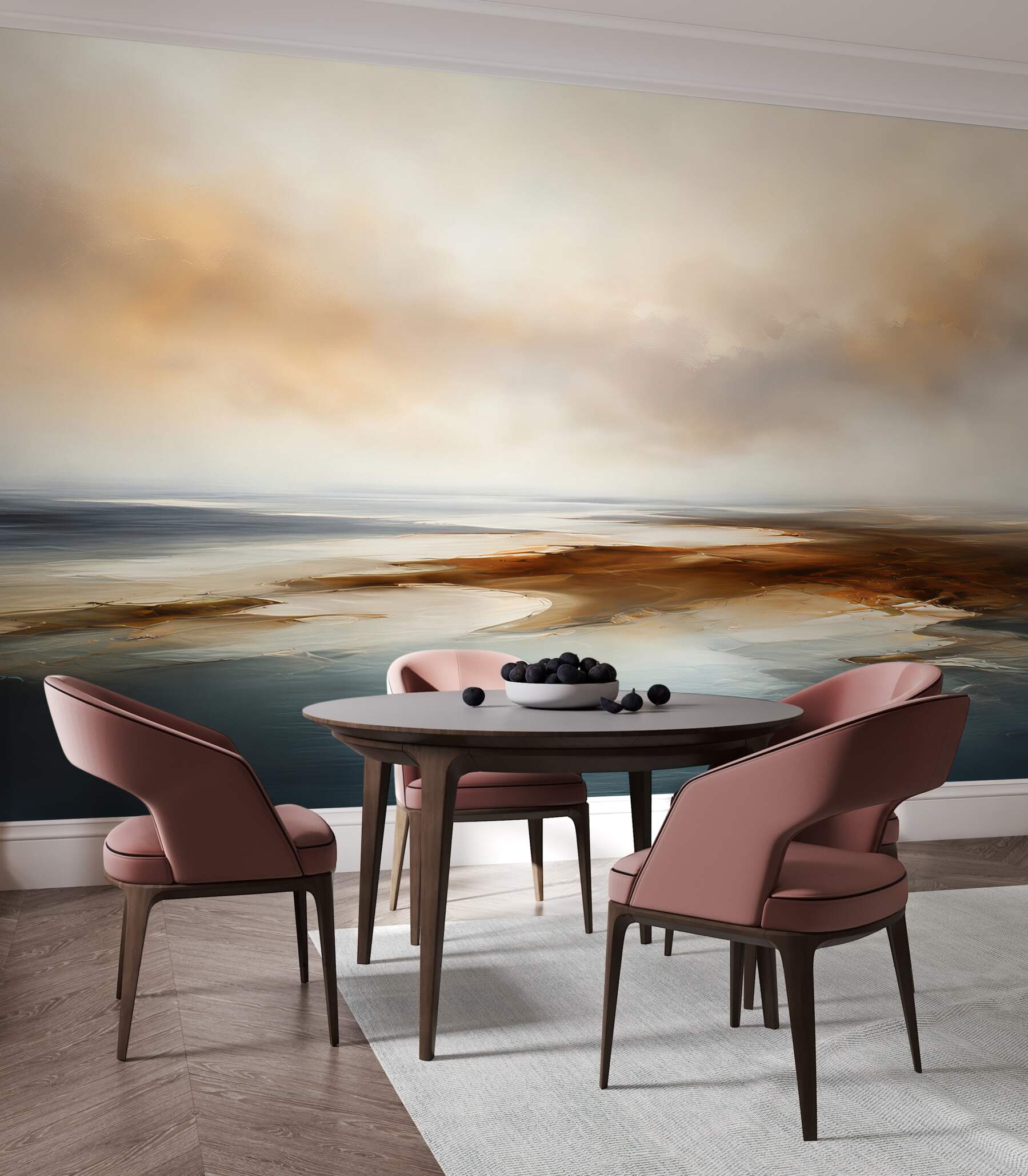 Papier peint paysage abstrait au-dessus de l'eau dans des tons beige et bleu