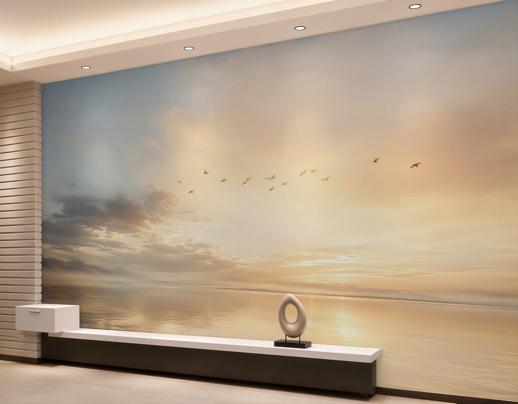 Papier peint oiseaux au-dessus du lac au lever du soleil paysage paisible