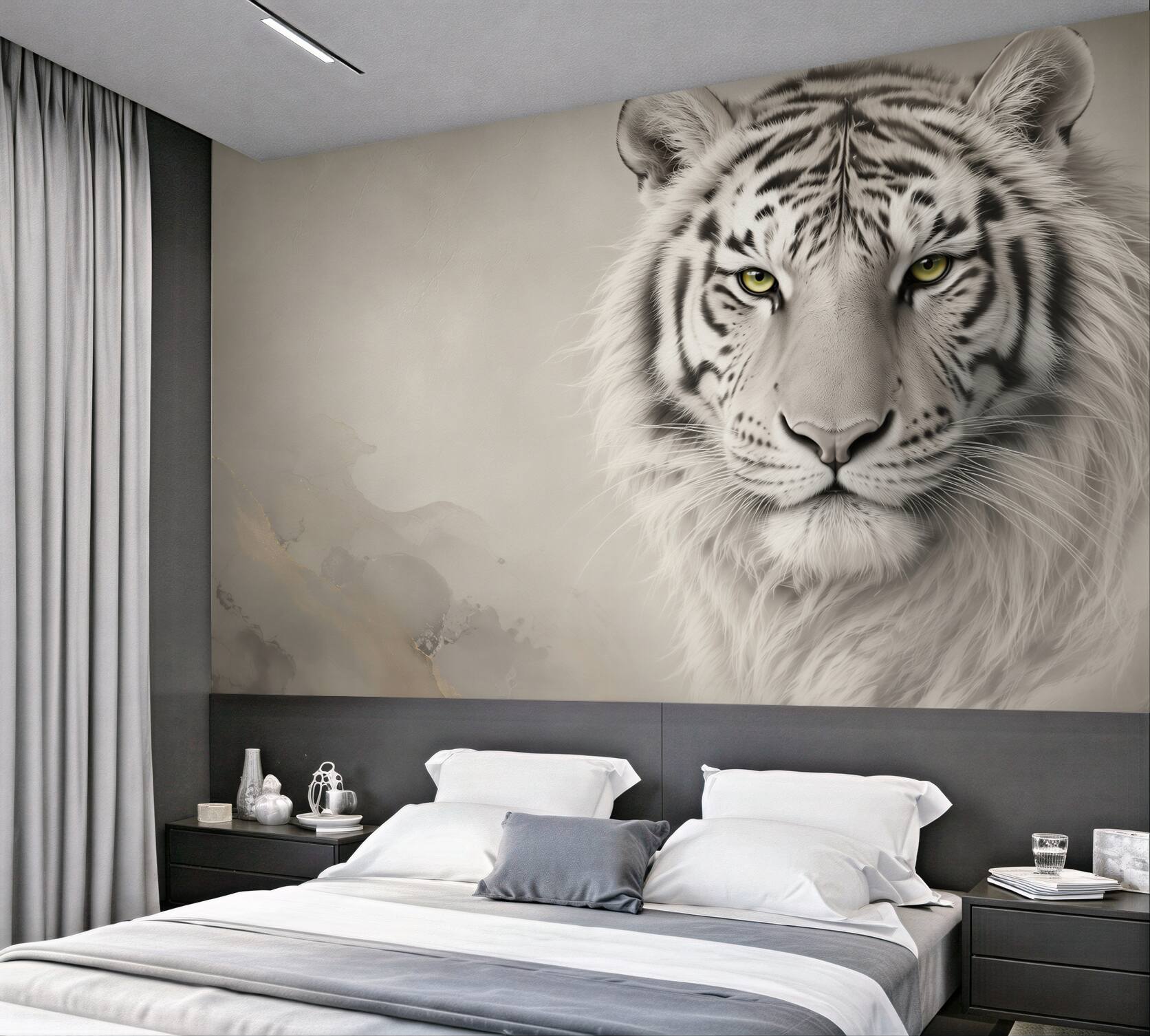 Papier peint tigre blanc avec yeux verts sur fond beige