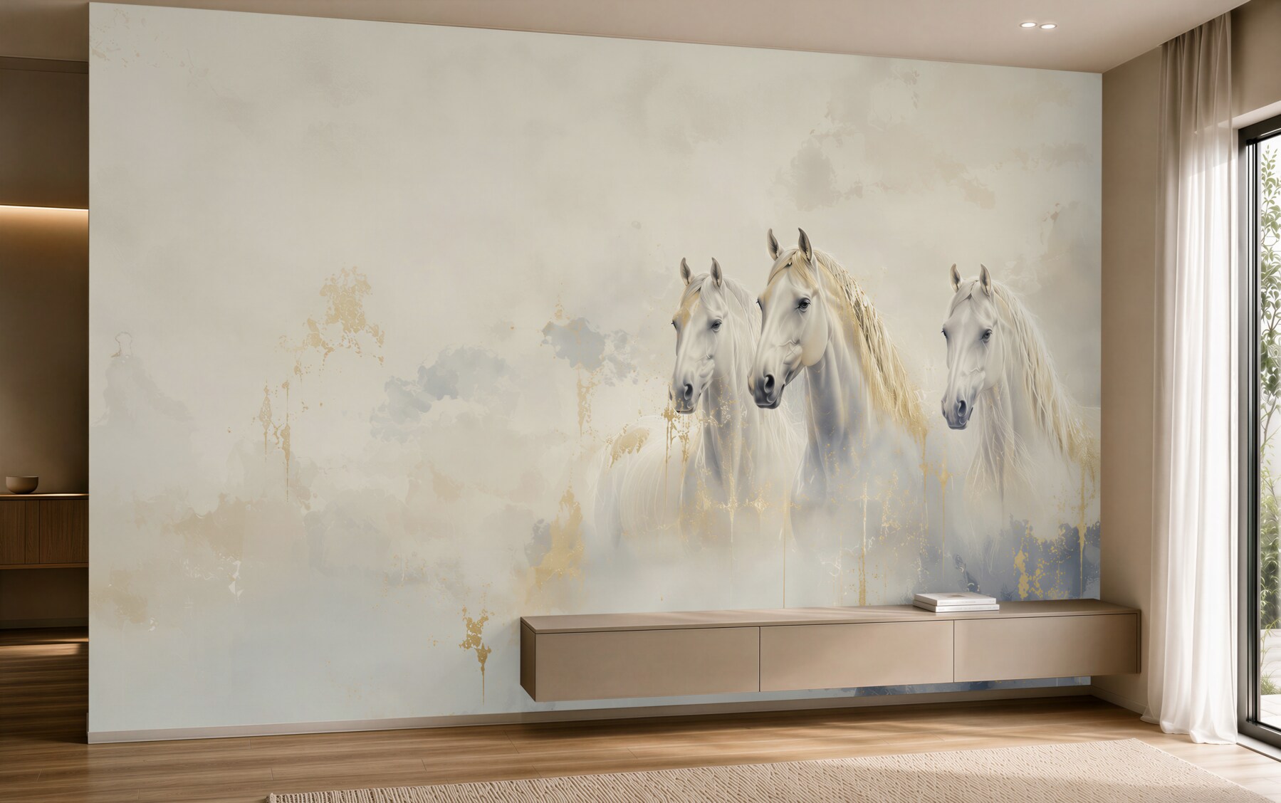 Papier peint chevaux blancs dans la brume en beiges clairs élégant et délicat