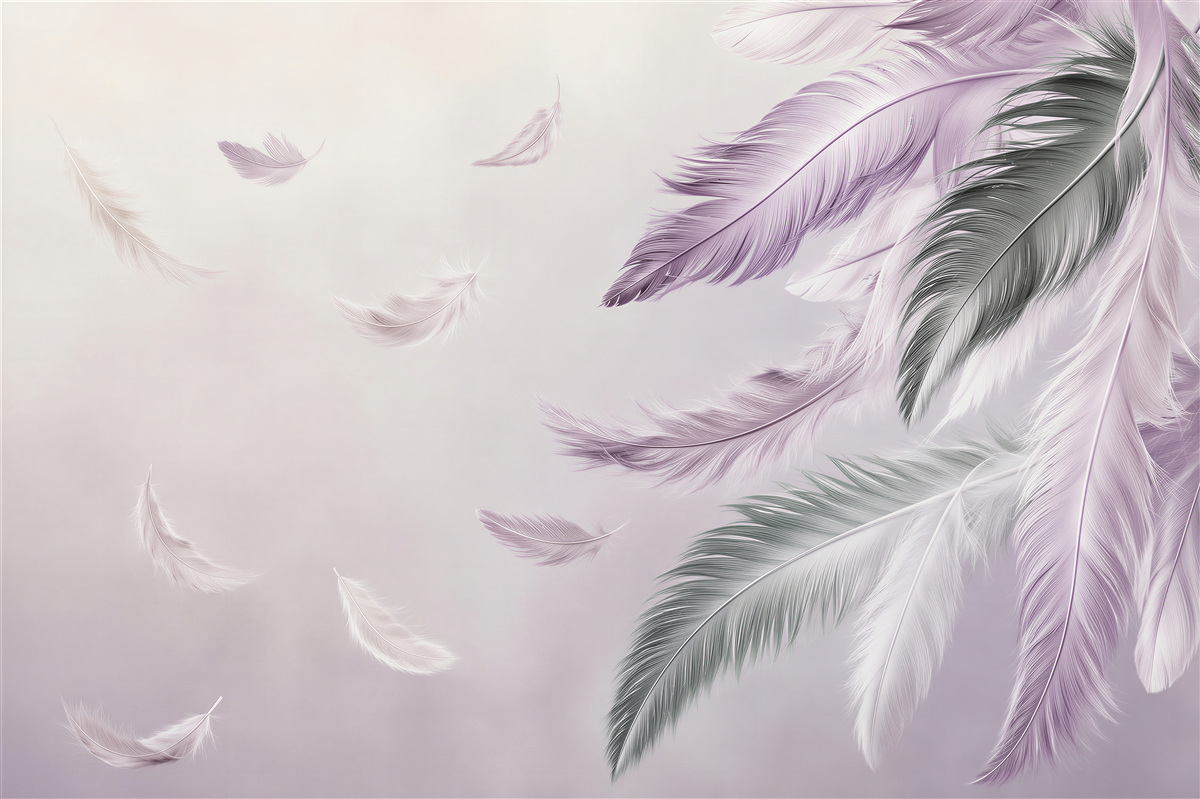 Papier peint plumes violettes volantes