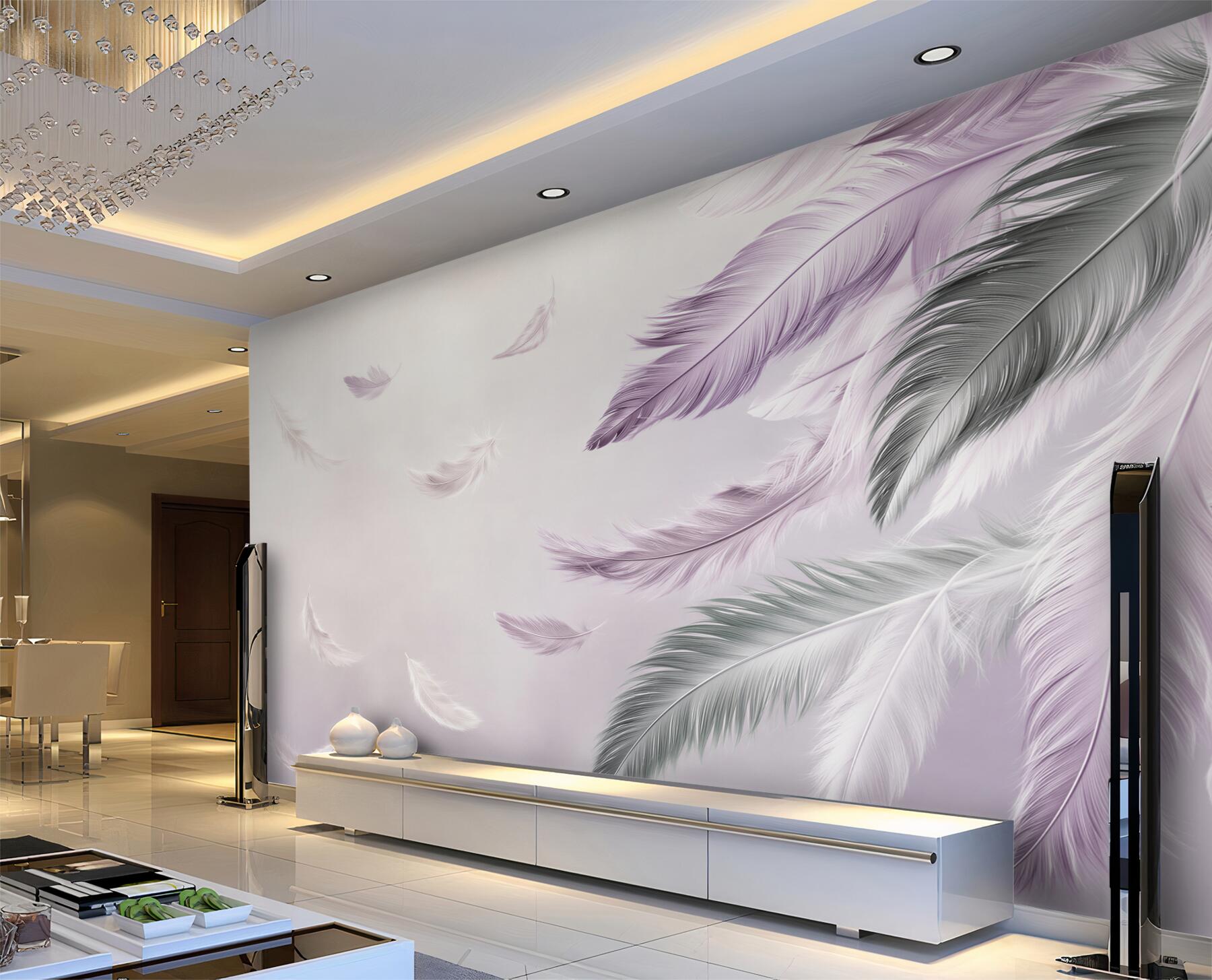 Papier peint plumes violettes volantes