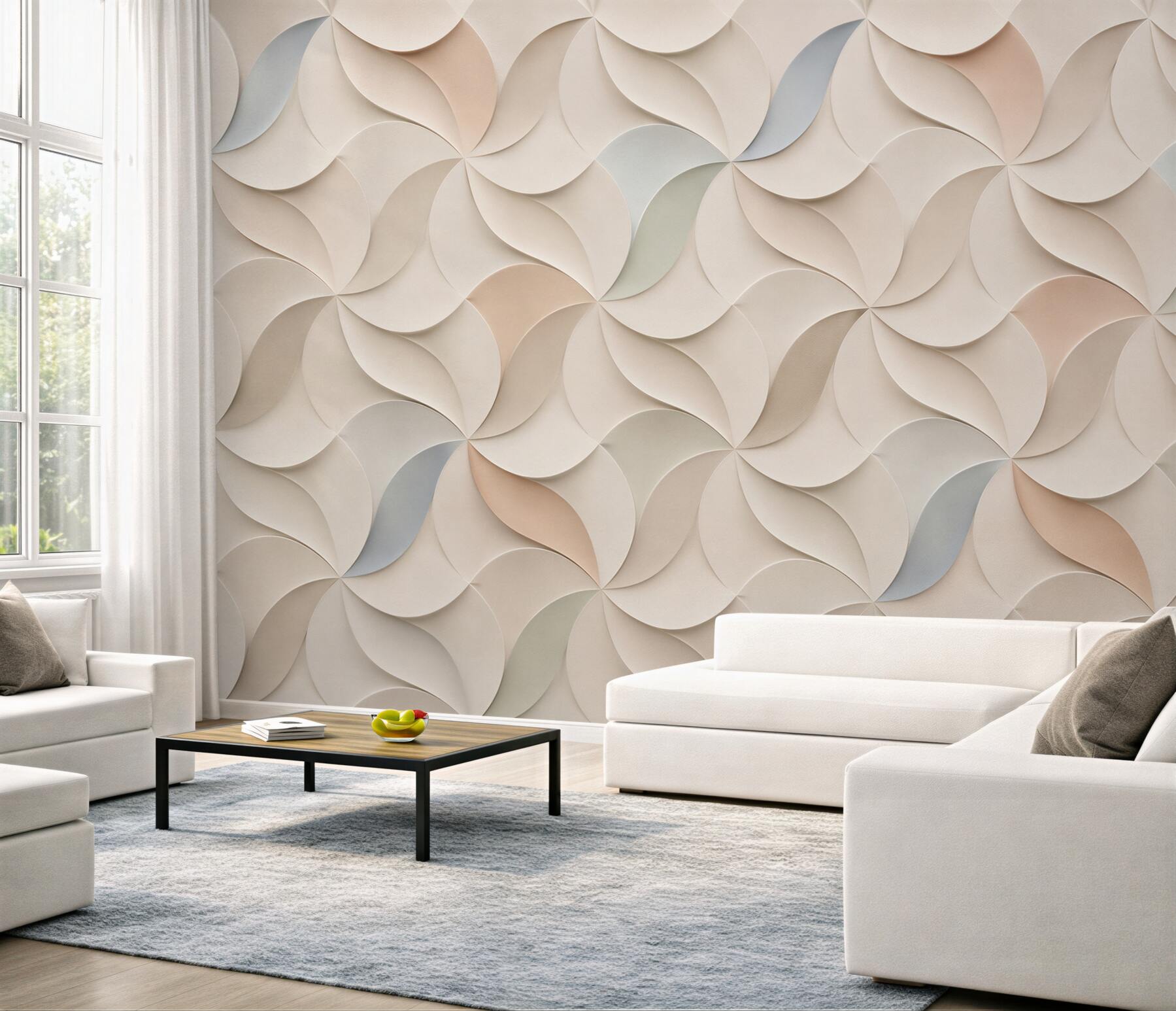 Papier peint vagues géométriques 3D beiges abstraites pour un intérieur élégant